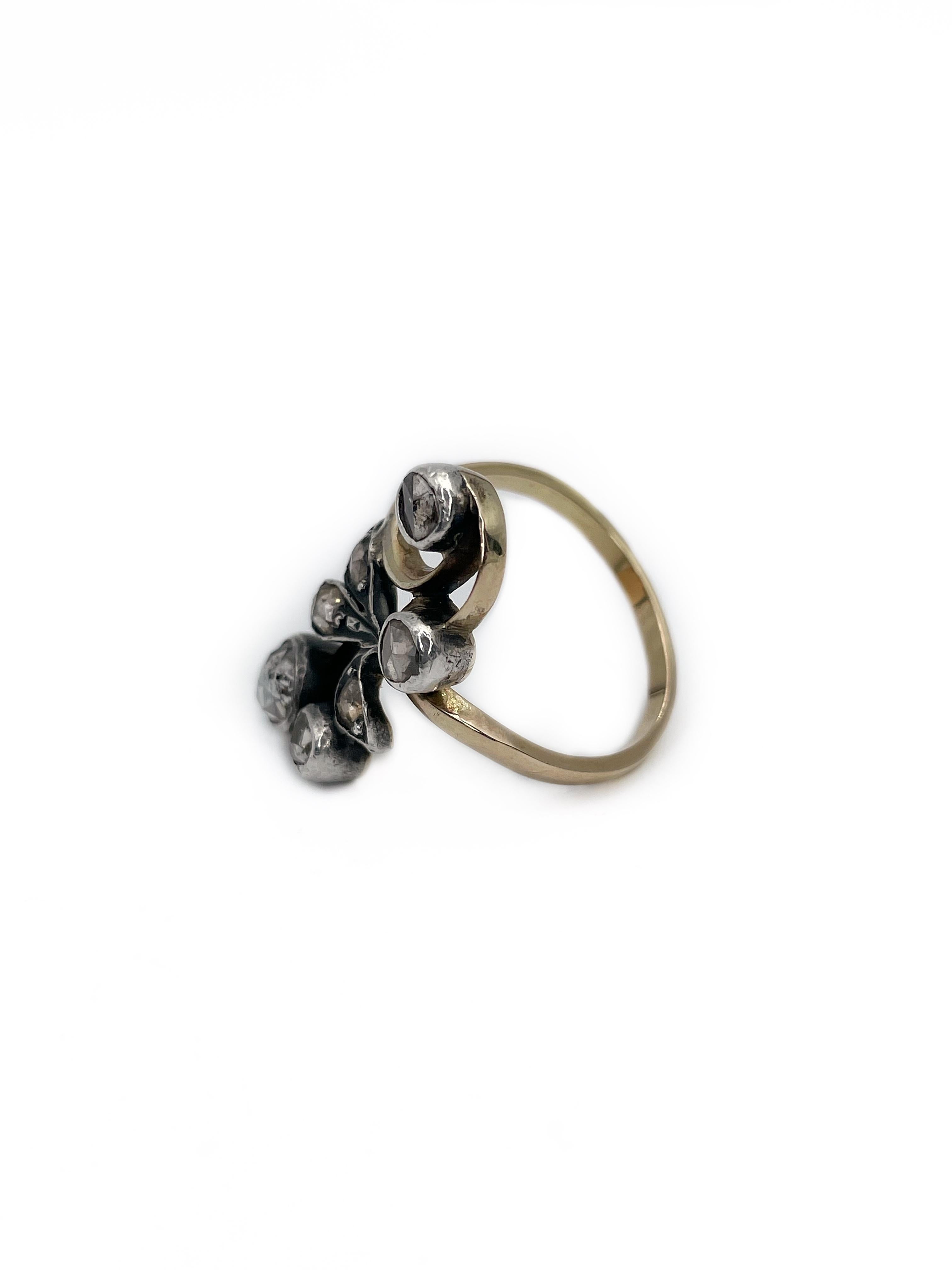 Women's Antique Victorian 18 Karat Gold Silver Rose Cut Diamond Floral Navette Ring