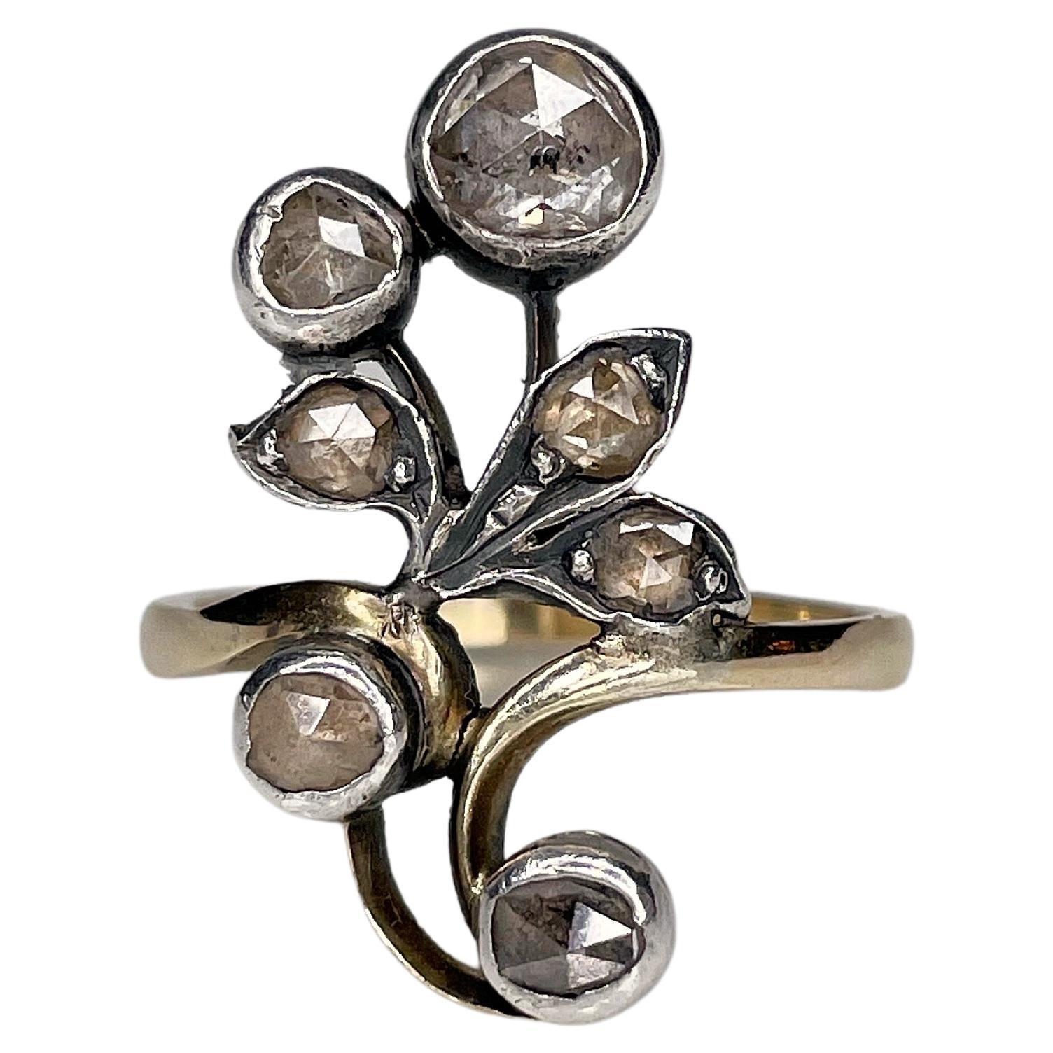 Antique Victorian 18 Karat Gold Silver Rose Cut Diamond Floral Navette Ring