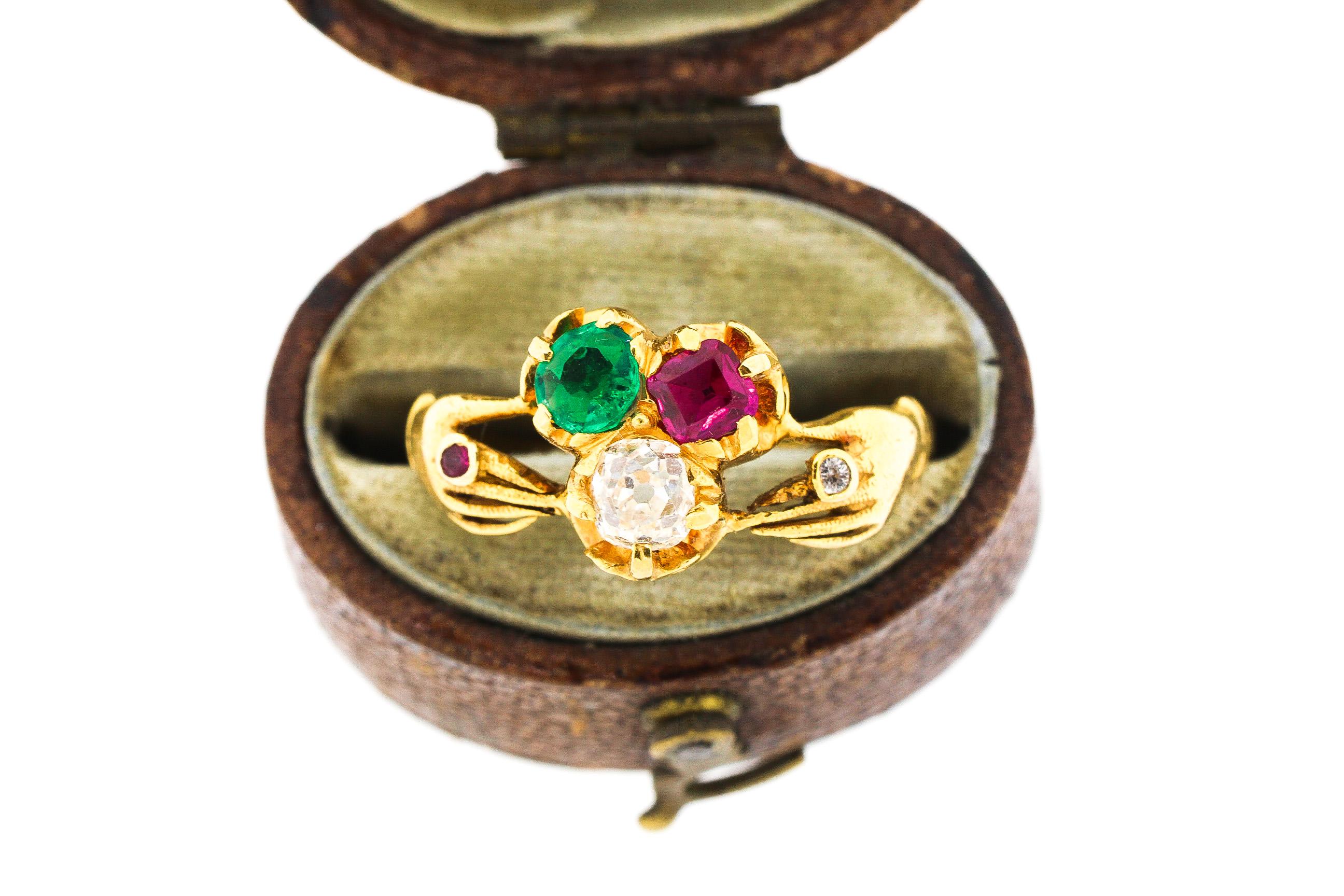 Old European Cut Antique Victorian 18 Karat Gold Ruby Diamond Emerald Fede Ring For Sale