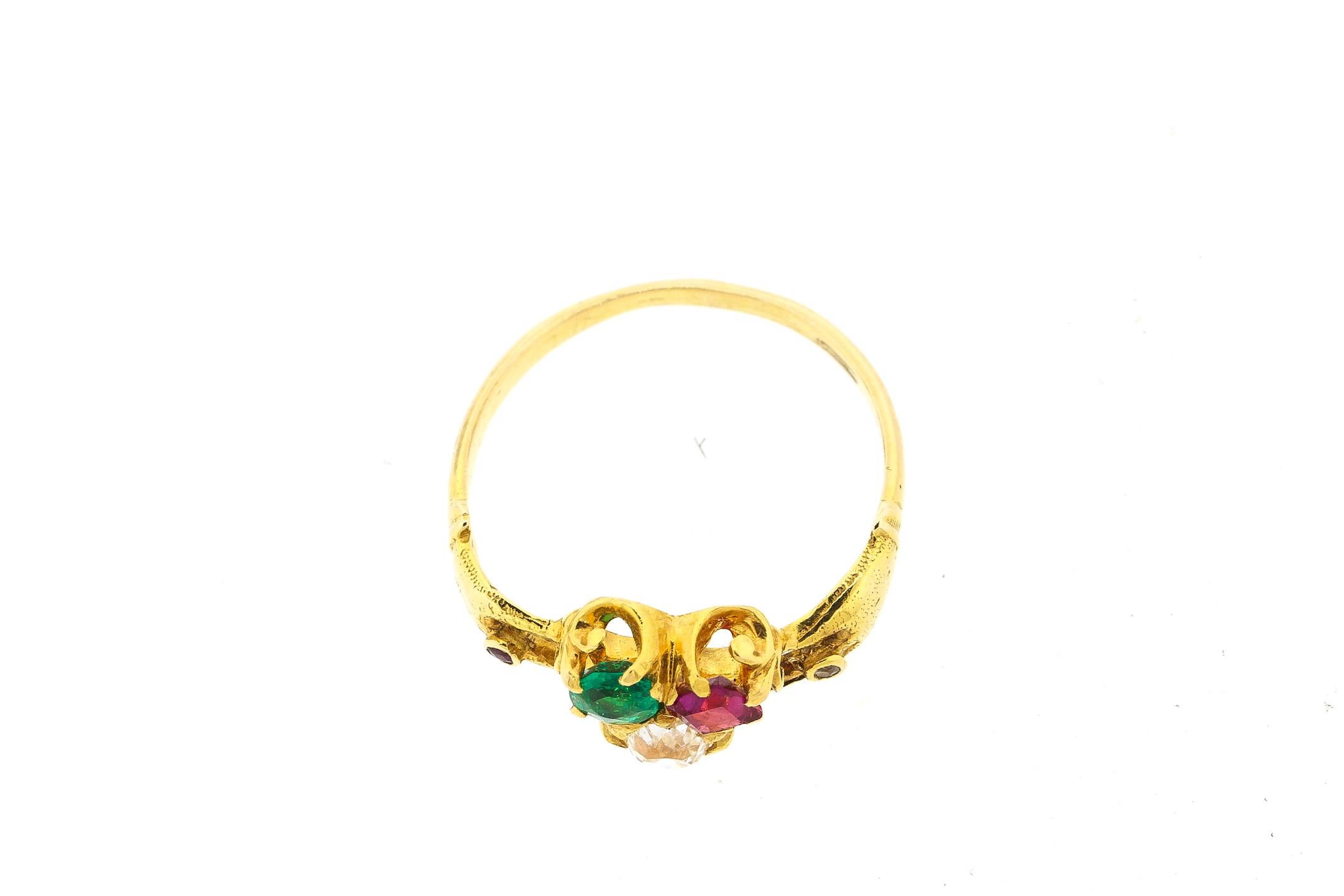 Women's or Men's Antique Victorian 18 Karat Gold Ruby Diamond Emerald Fede Ring For Sale