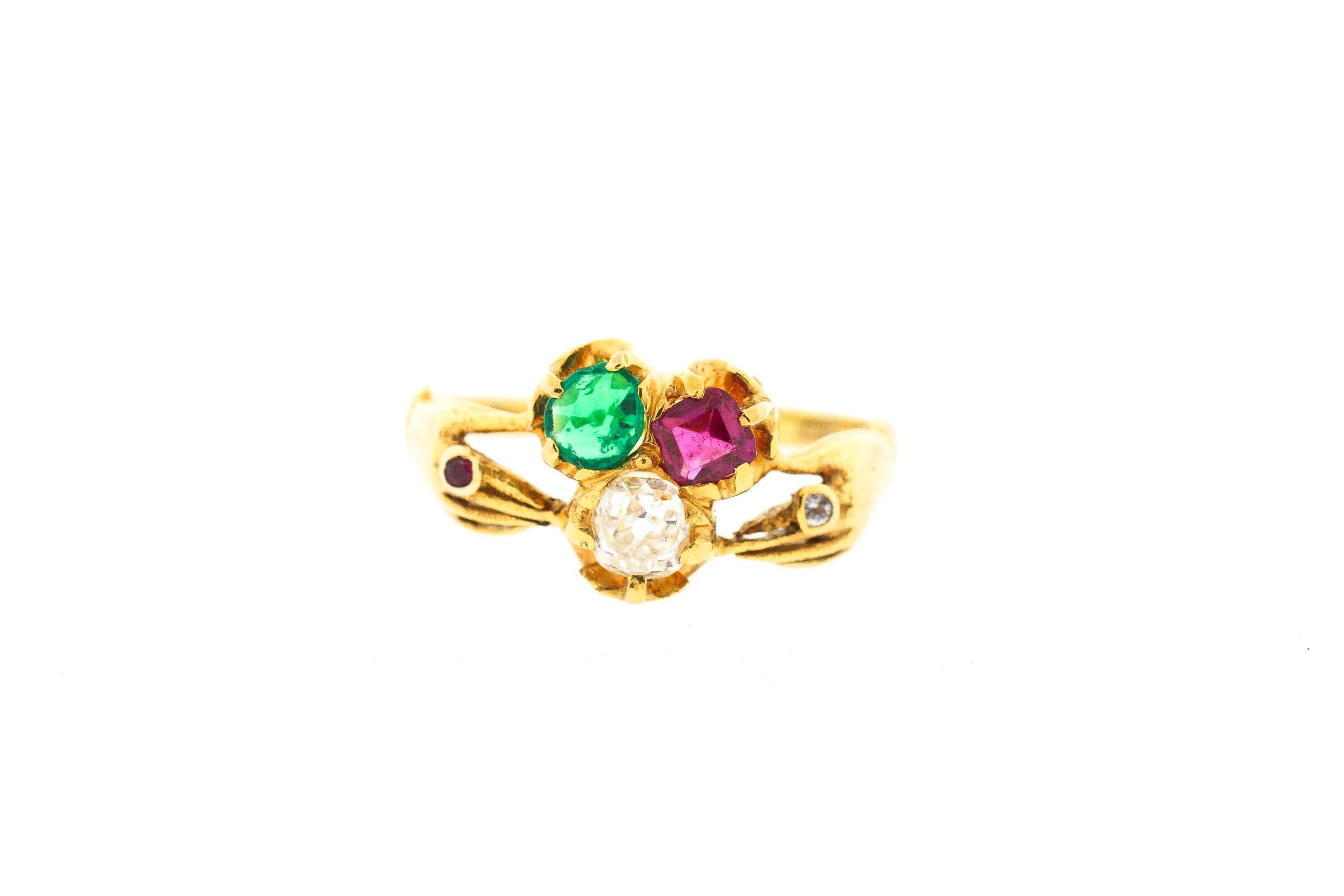 Antique Victorian 18 Karat Gold Ruby Diamond Emerald Fede Ring For Sale 1