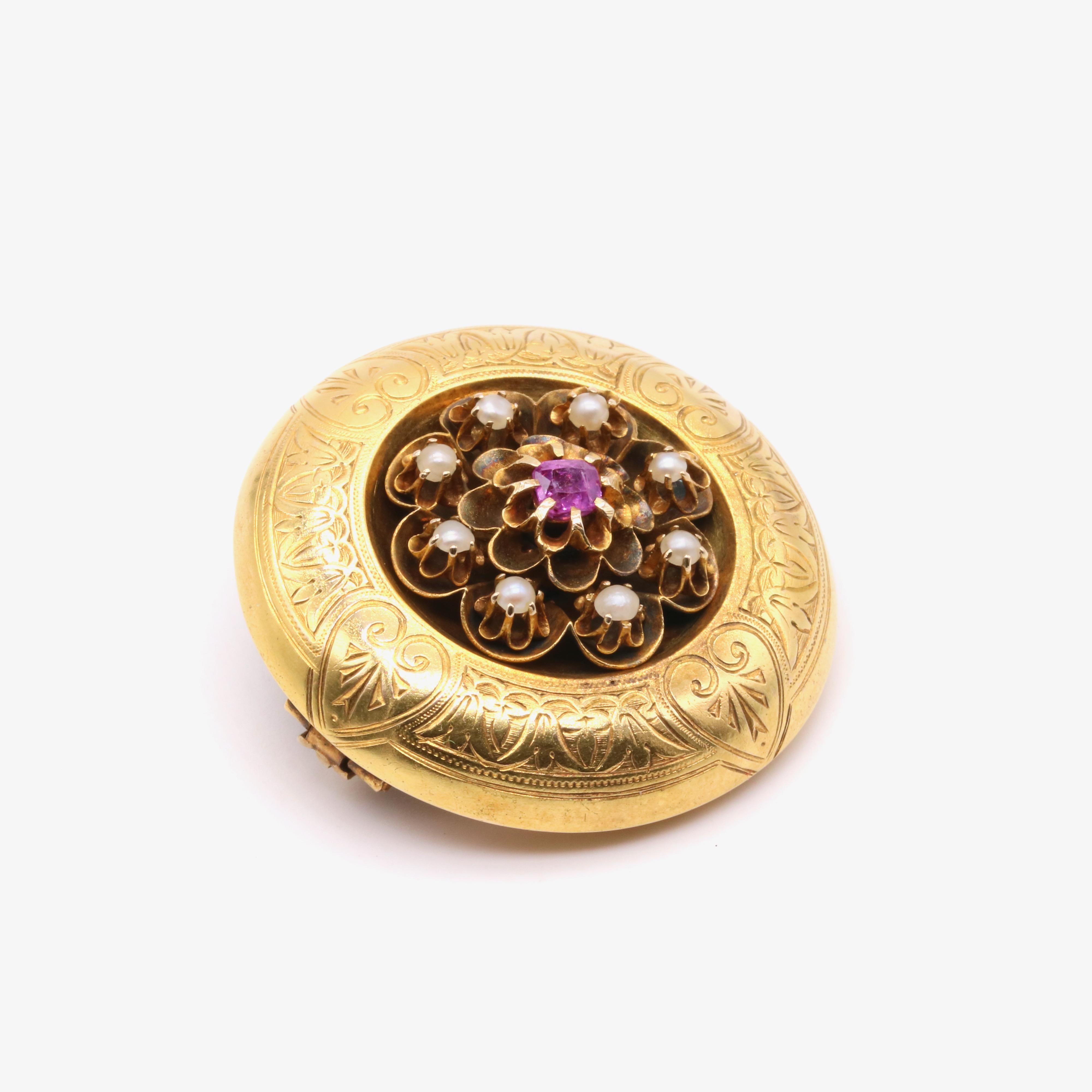 Women's or Men's Antique Victorian 18K Gold Ruby & Pearl Engraved Bracelet, Brooch & Earrings Set For Sale