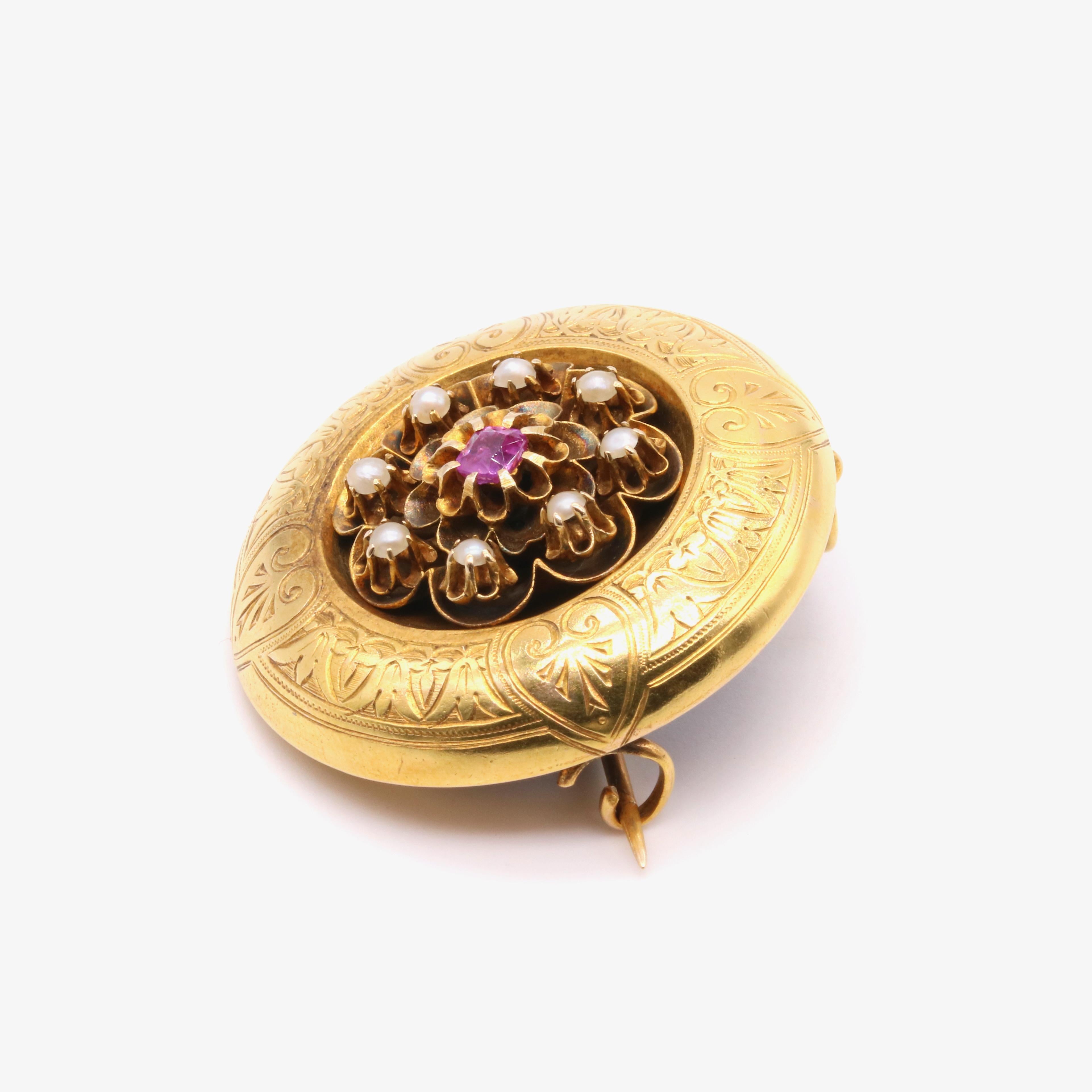 Antique Victorian 18K Gold Ruby & Pearl Engraved Bracelet, Brooch & Earrings Set For Sale 1