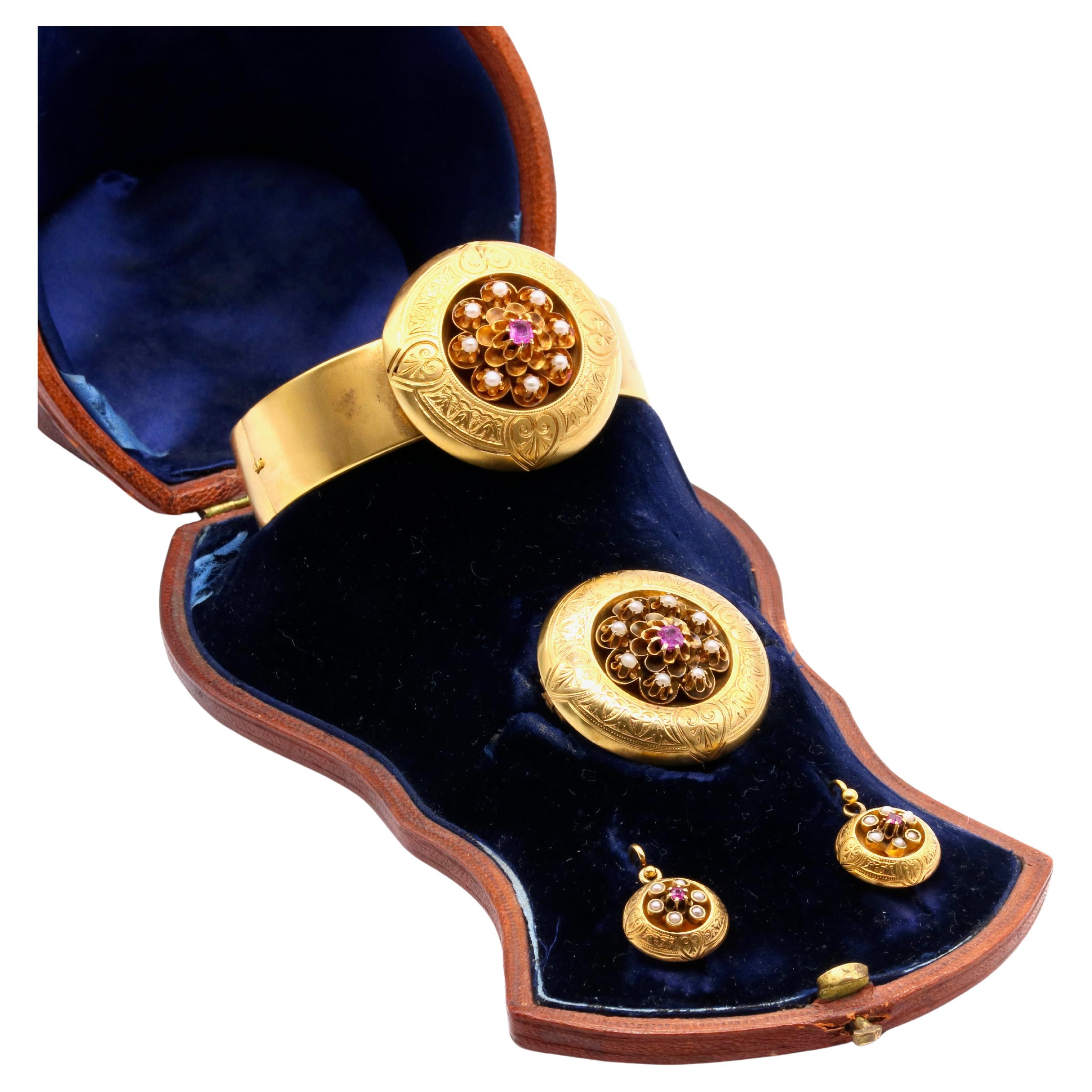 Antique Victorian 18K Gold Ruby & Pearl Engraved Bracelet, Brooch & Earrings Set For Sale