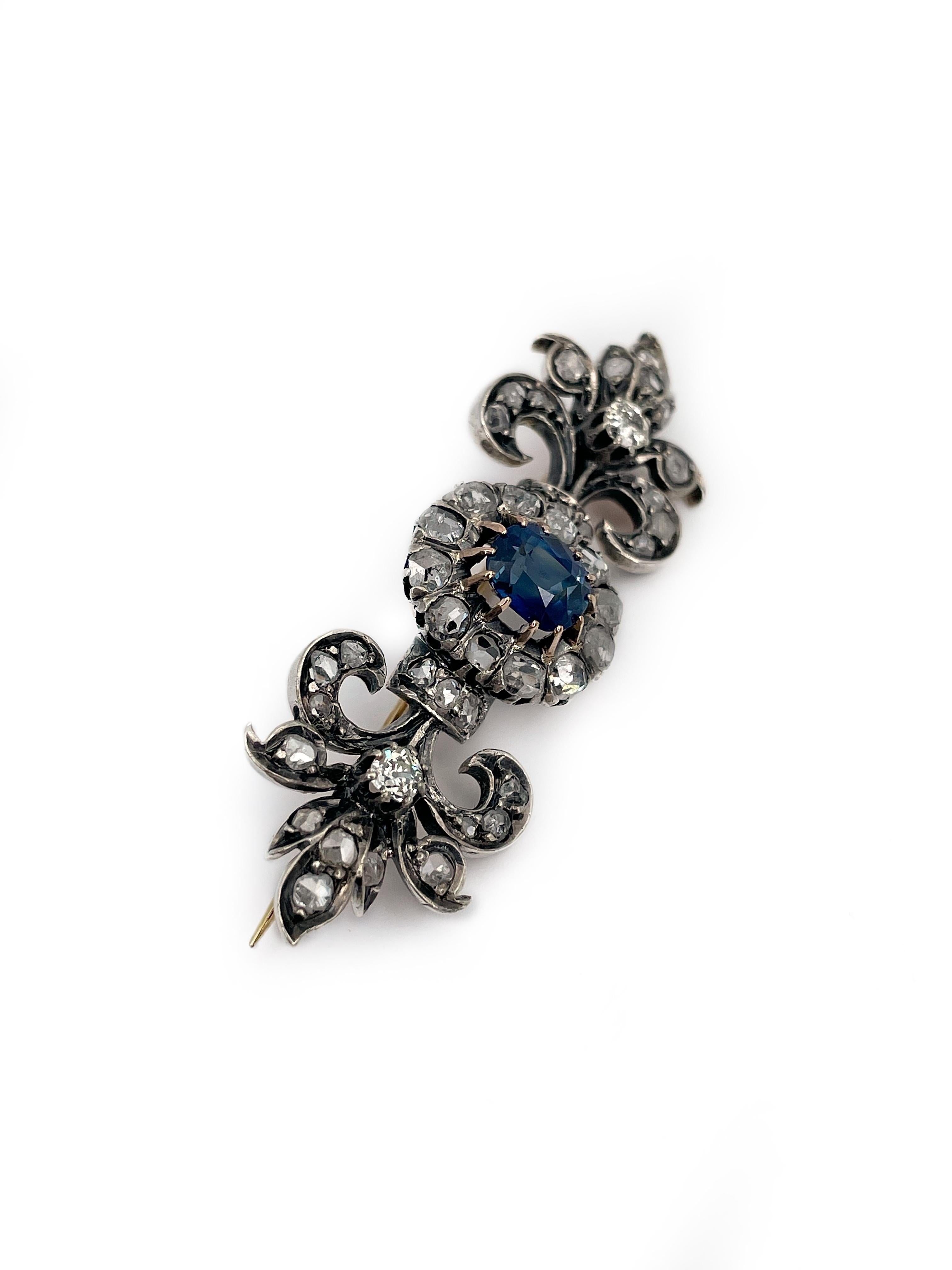 Women's or Men's Antique Victorian 18K Gold Sapphire Rose Cut Diamond Fleur-de-lis Pin Brooch