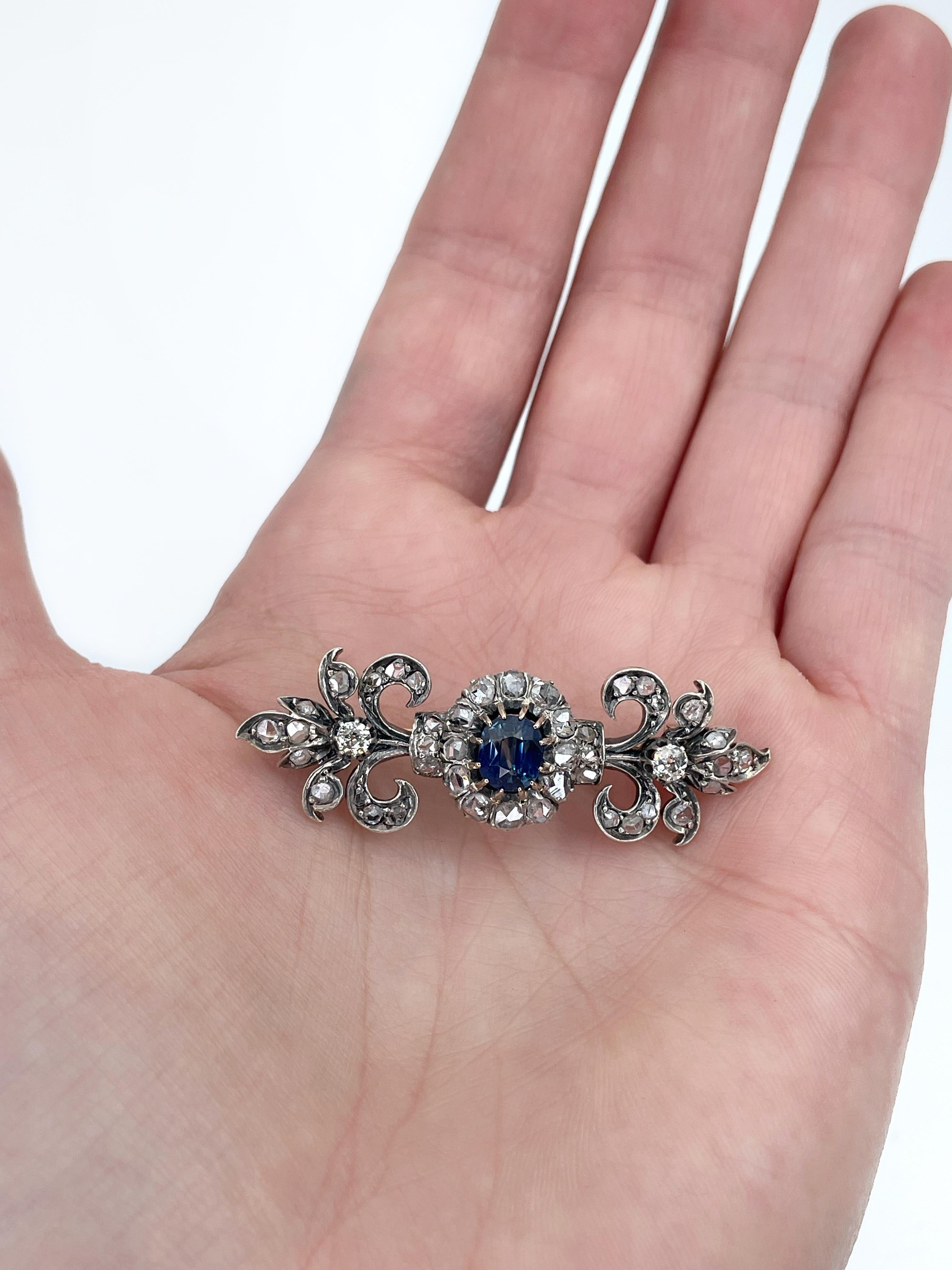 Antique Victorian 18K Gold Sapphire Rose Cut Diamond Fleur-de-lis Pin Brooch 2