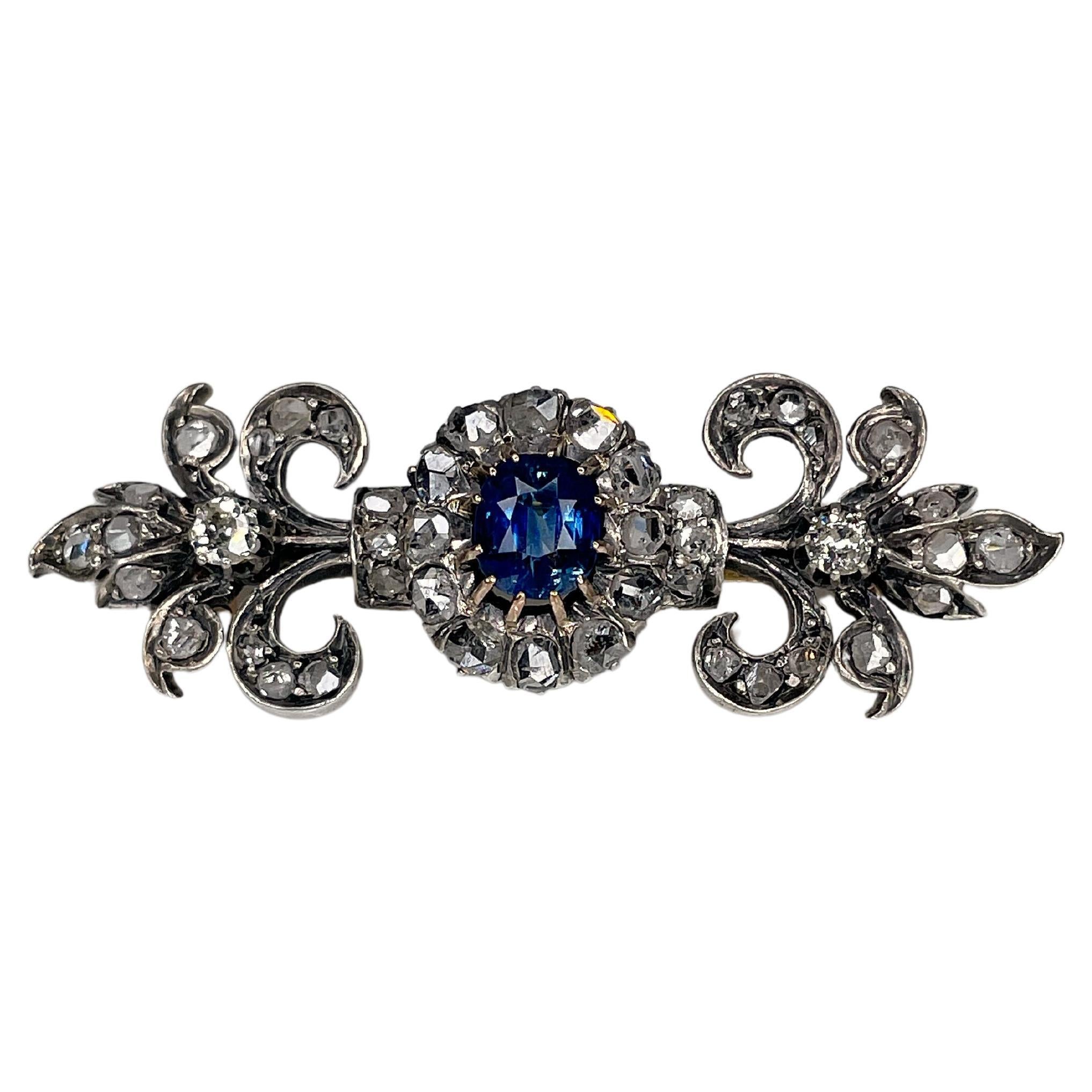 Antique Victorian 18K Gold Sapphire Rose Cut Diamond Fleur-de-lis Pin Brooch