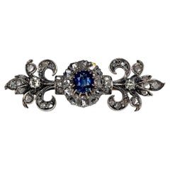 Antique Victorian 18K Gold Sapphire Rose Cut Diamond Fleur-de-lis Pin Brooch