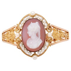 Antique Victorian 18K Gold, Seed Pearl, & Agate Cameo Bracelet