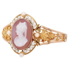Antique Victorian 18K Gold, Seed Pearl, & Agate Cameo Bracelet