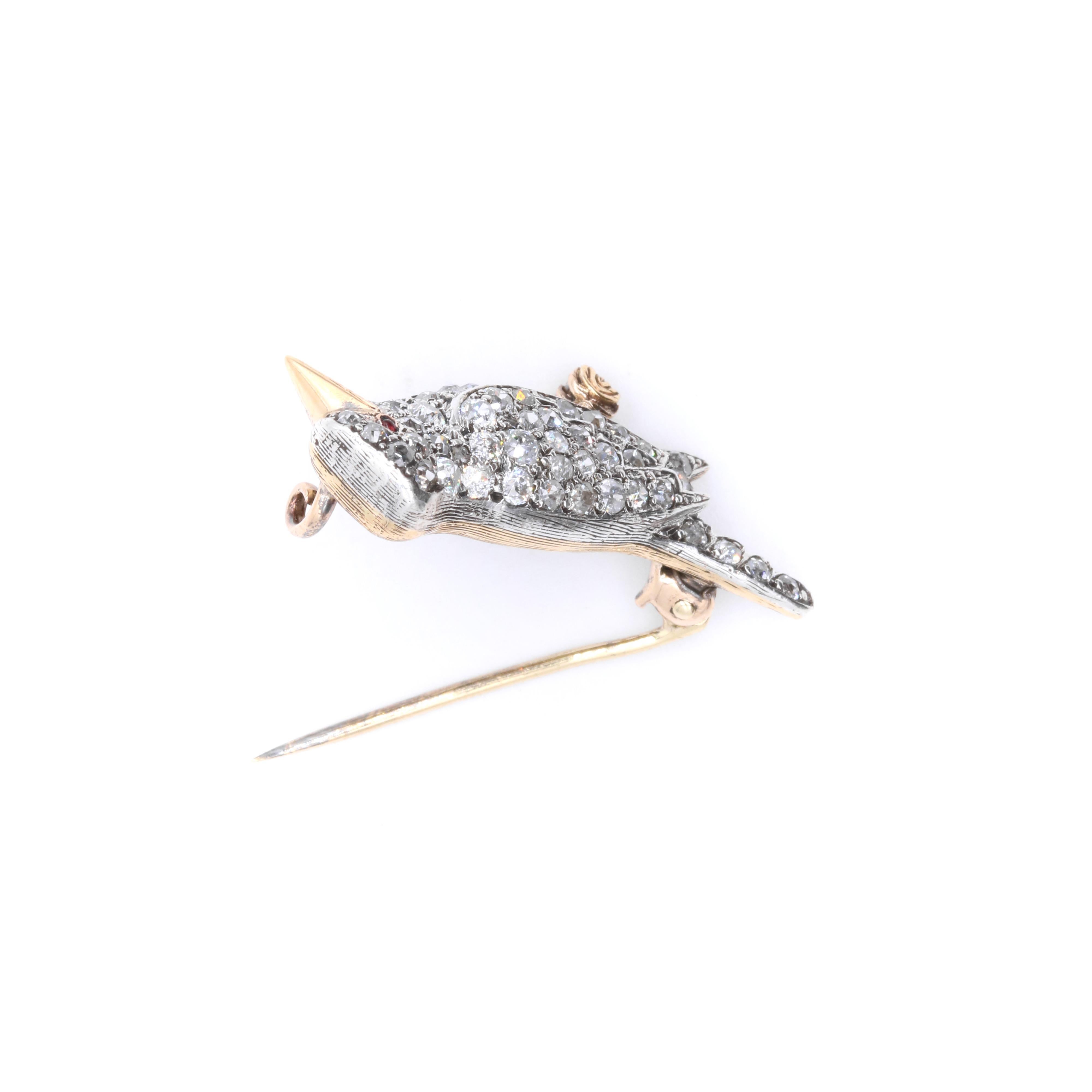 Antica spilla vittoriana in oro e argento 18 carati con diamante e rubino da 1 carato con uccello Kookaburra in vendita 4
