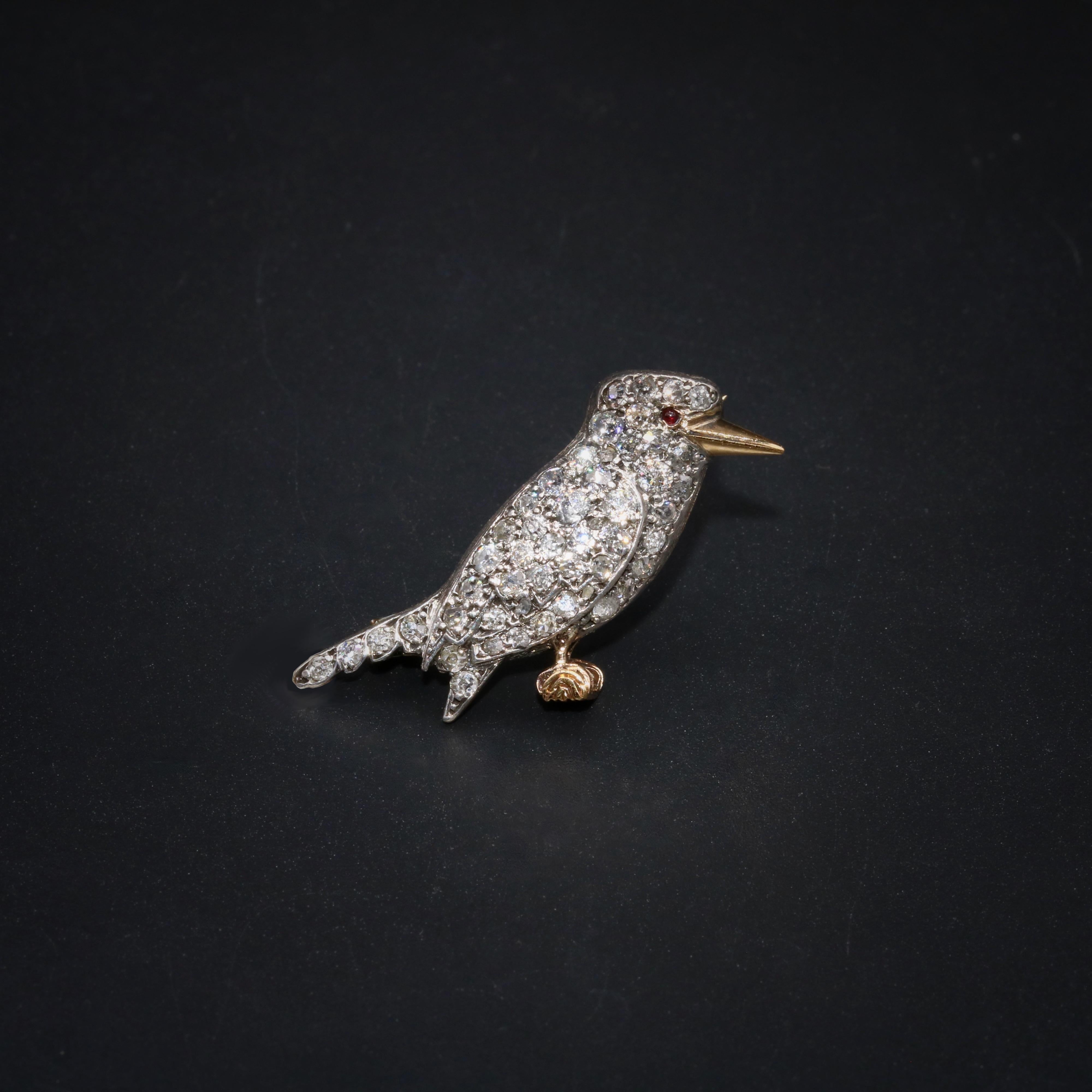 Antike viktorianische Kookaburra-Vogelbrosche, 18 Karat Gold & Silber 1 Karat Diamant & Rubin (Viktorianisch) im Angebot