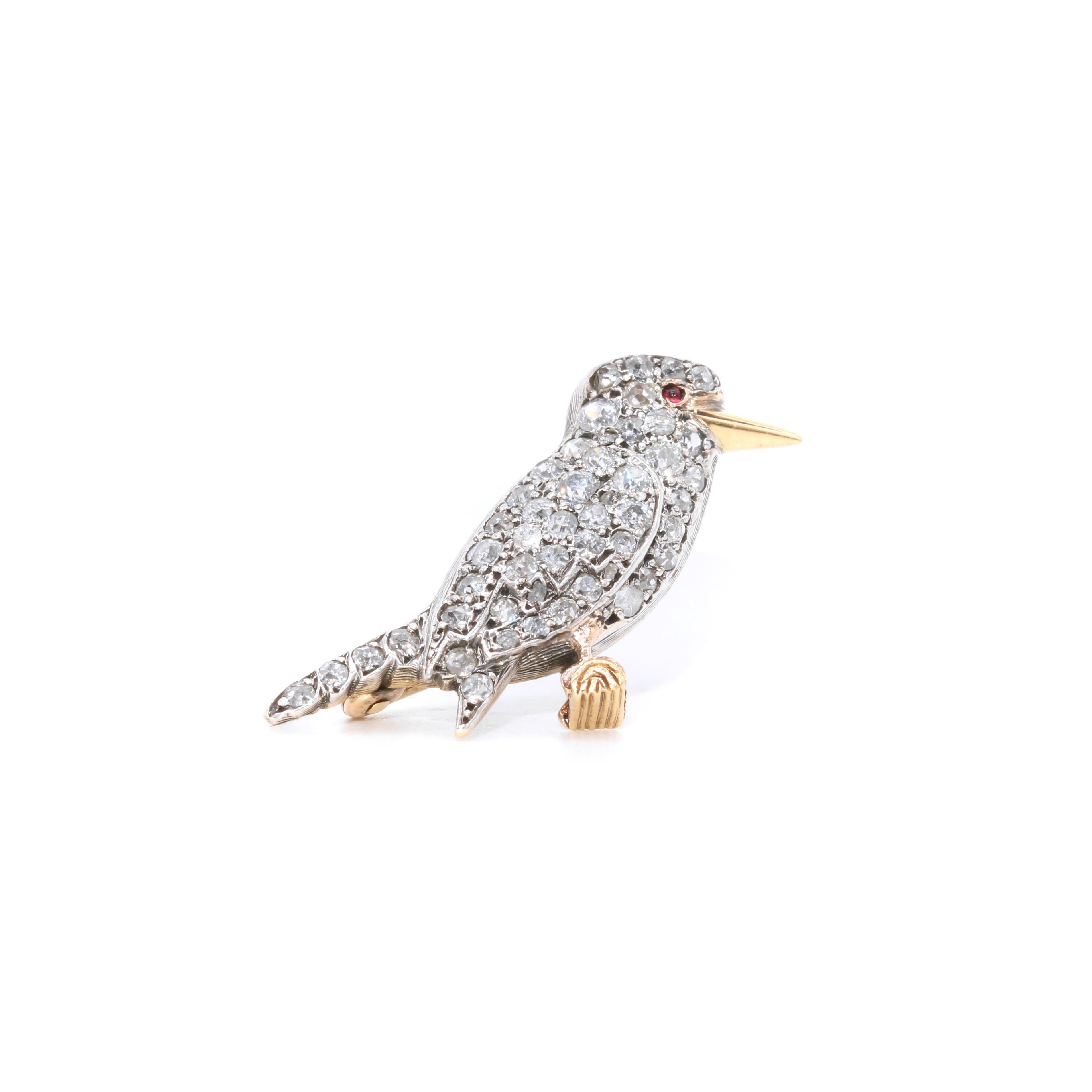 Women's or Men's Antique Victorian 18K Gold & Silver 1ctw Diamond & Ruby Kookaburra Bird Brooch For Sale