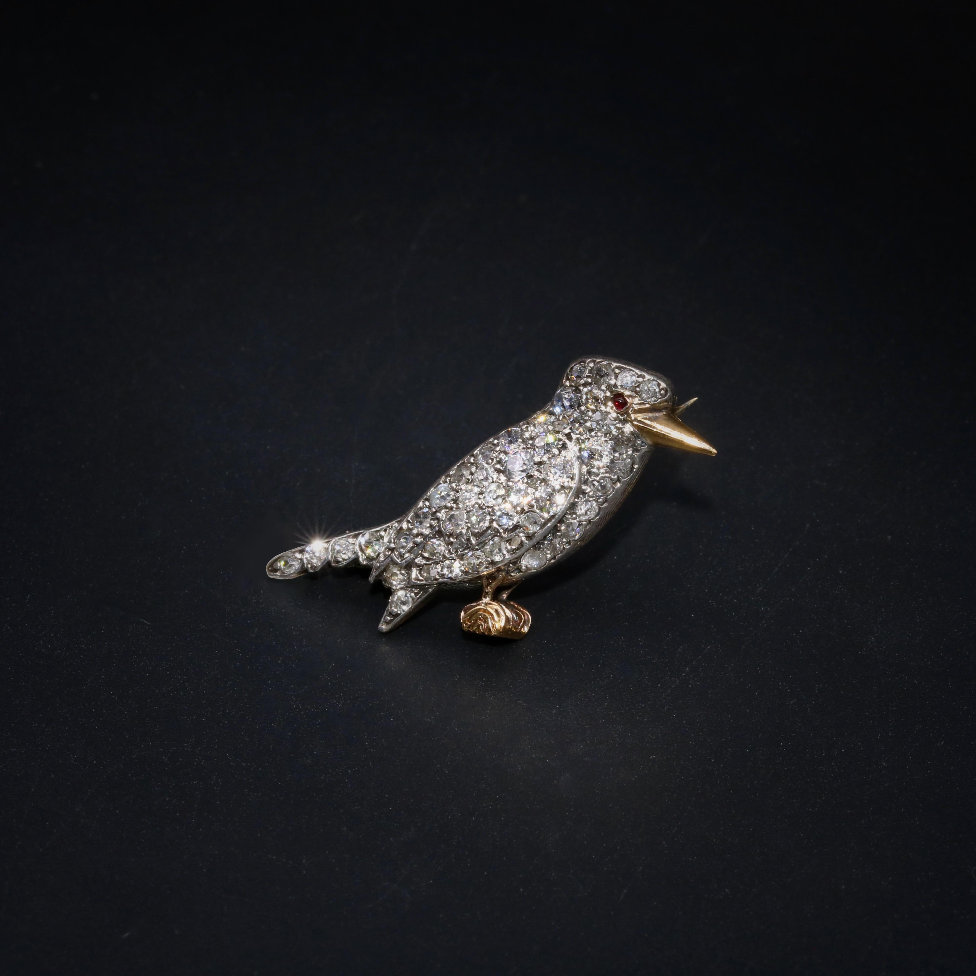 Antique Victorian 18K Gold & Silver 1ctw Diamond & Ruby Kookaburra Bird Brooch For Sale 1