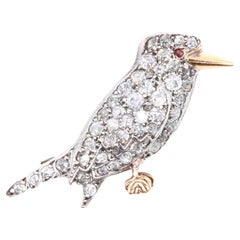 Antique Victorian 18K Gold & Silver 1ctw Diamond & Ruby Kookaburra Bird Brooch