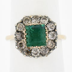 Antique Victorian 18k Gold & Silver 2.84ctw GIA Square Step Emerald Diamond Ring