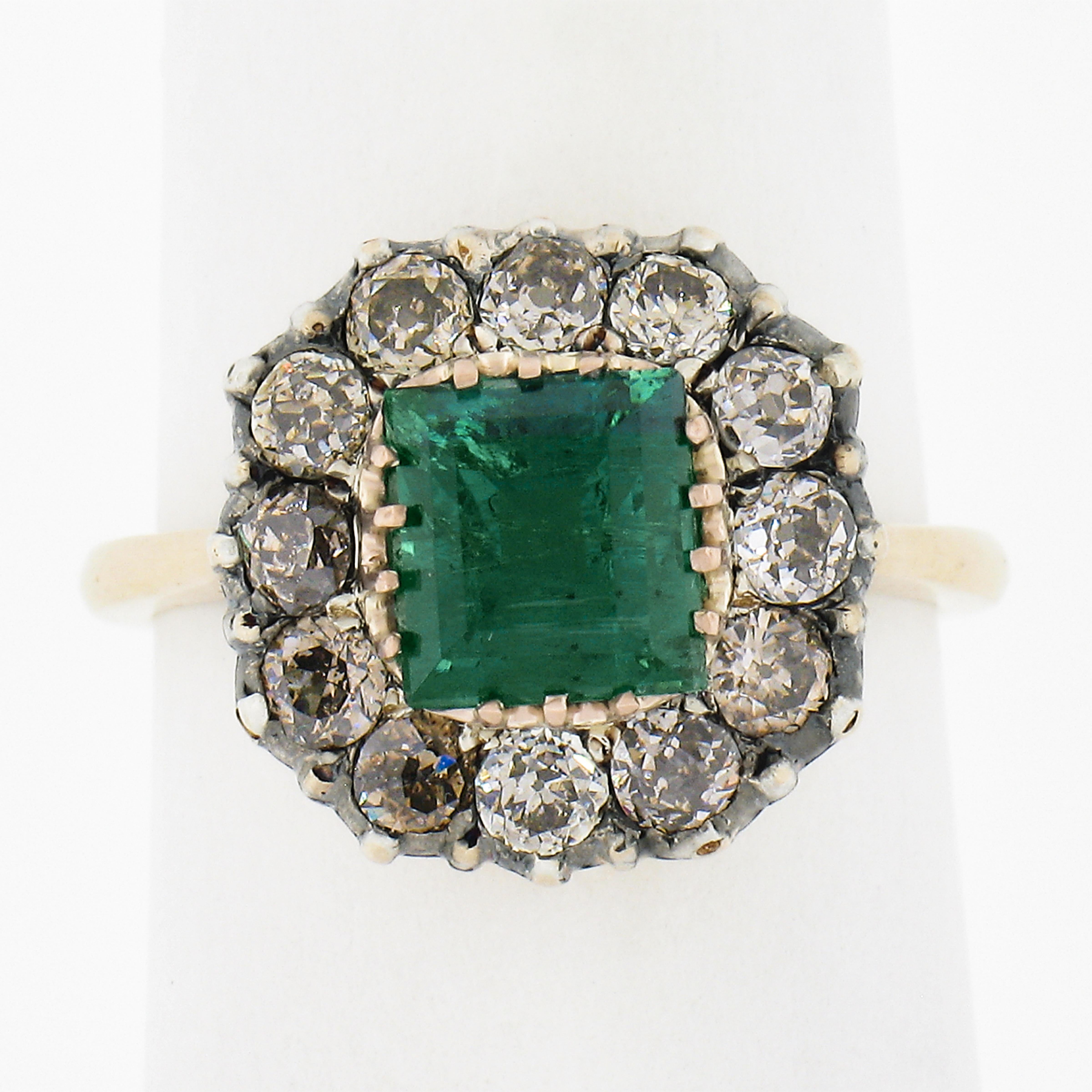 --Stone(s):--
(1) Natural Genuine Emerald - Square Step Cut - Multi Prong Set - Fine Vivid Green Color - 1.64ct (exact - certified)
** See Certification Details Below for Complete Info **
(12) Natural Genuine Diamonds - Chunky Old European Cut -