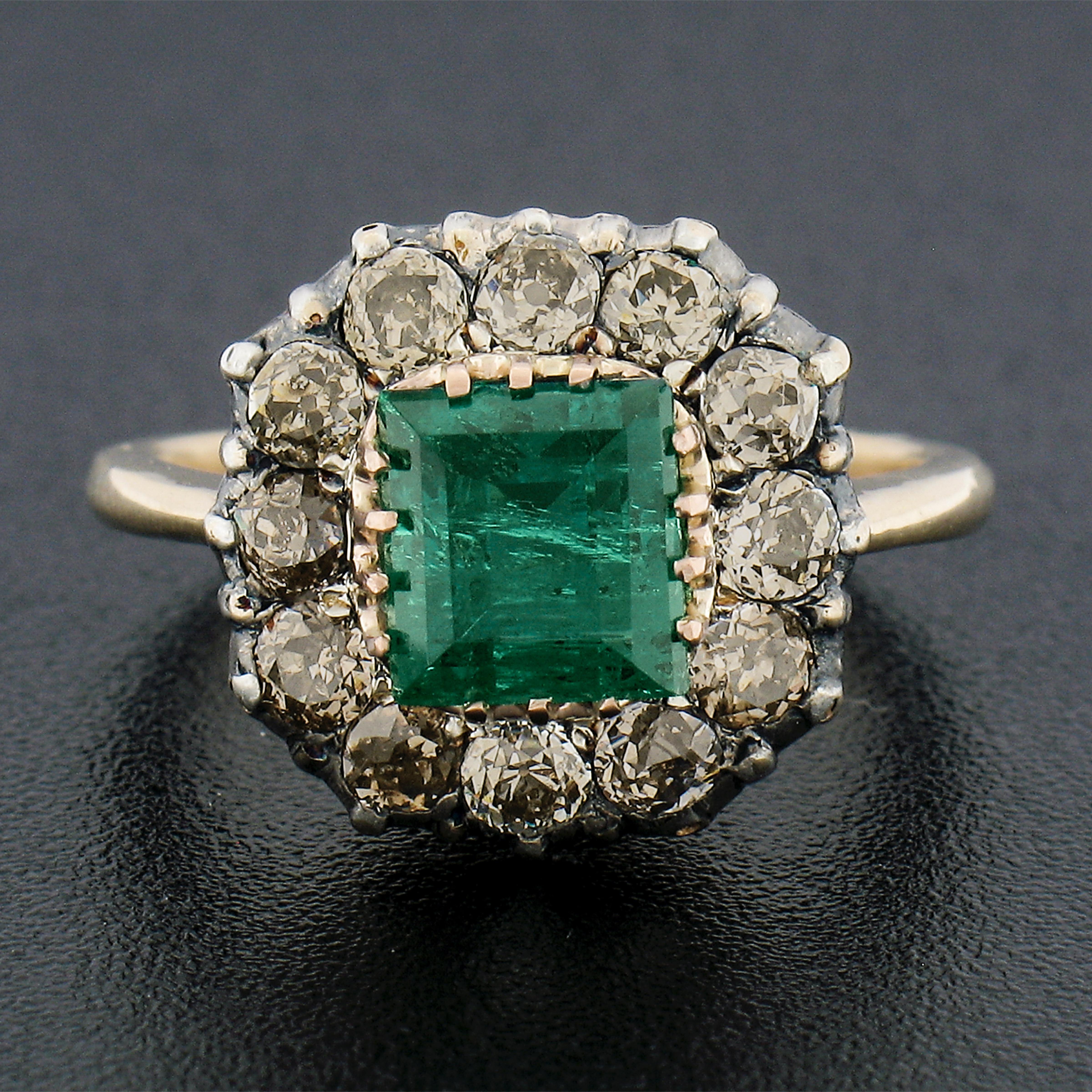 Emerald Cut Antique Victorian 18k Gold & Silver 2.84ctw GIA Square Step Emerald Diamond Ring For Sale