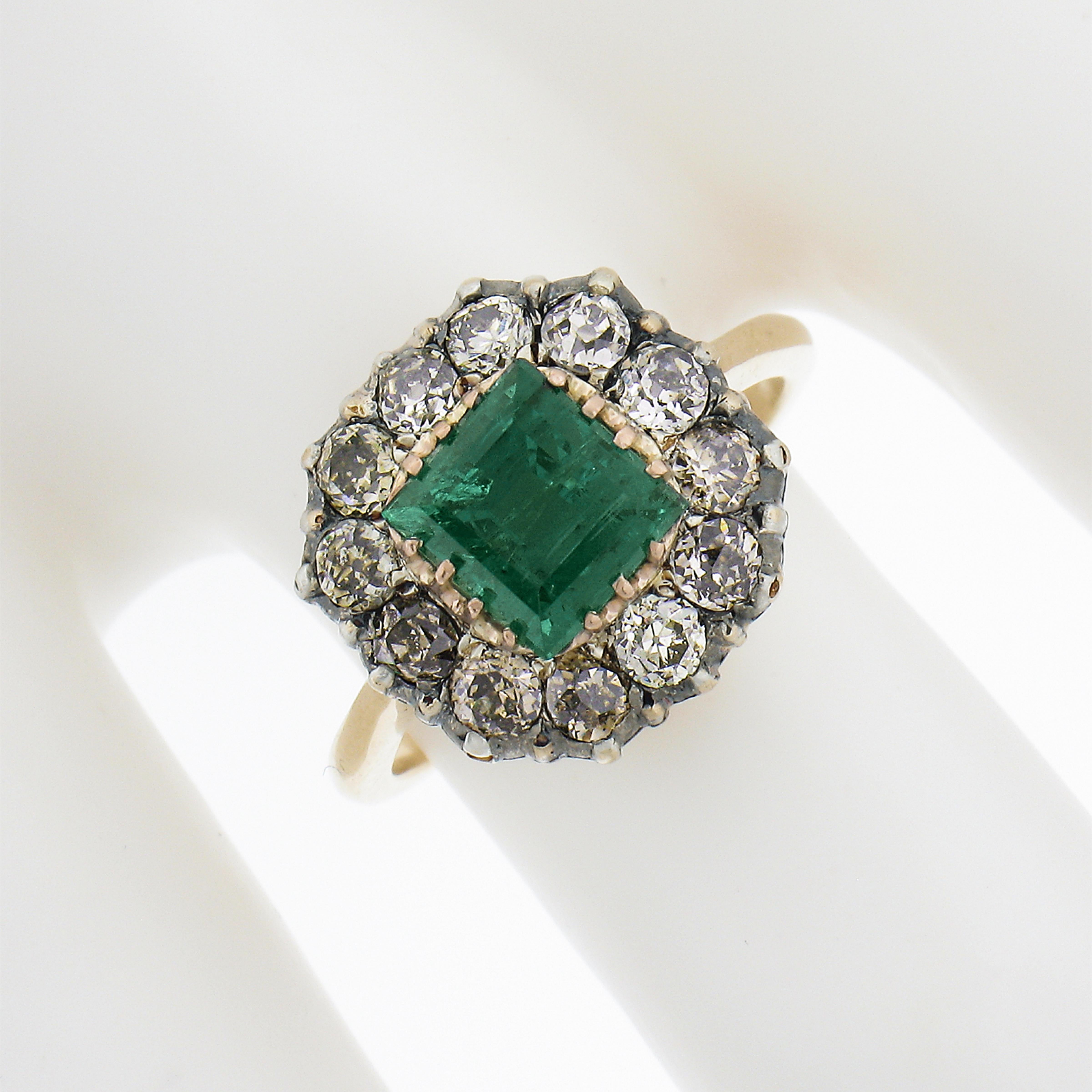 Antique Victorian 18k Gold & Silver 2.84ctw GIA Square Step Emerald Diamond Ring In Excellent Condition For Sale In Montclair, NJ