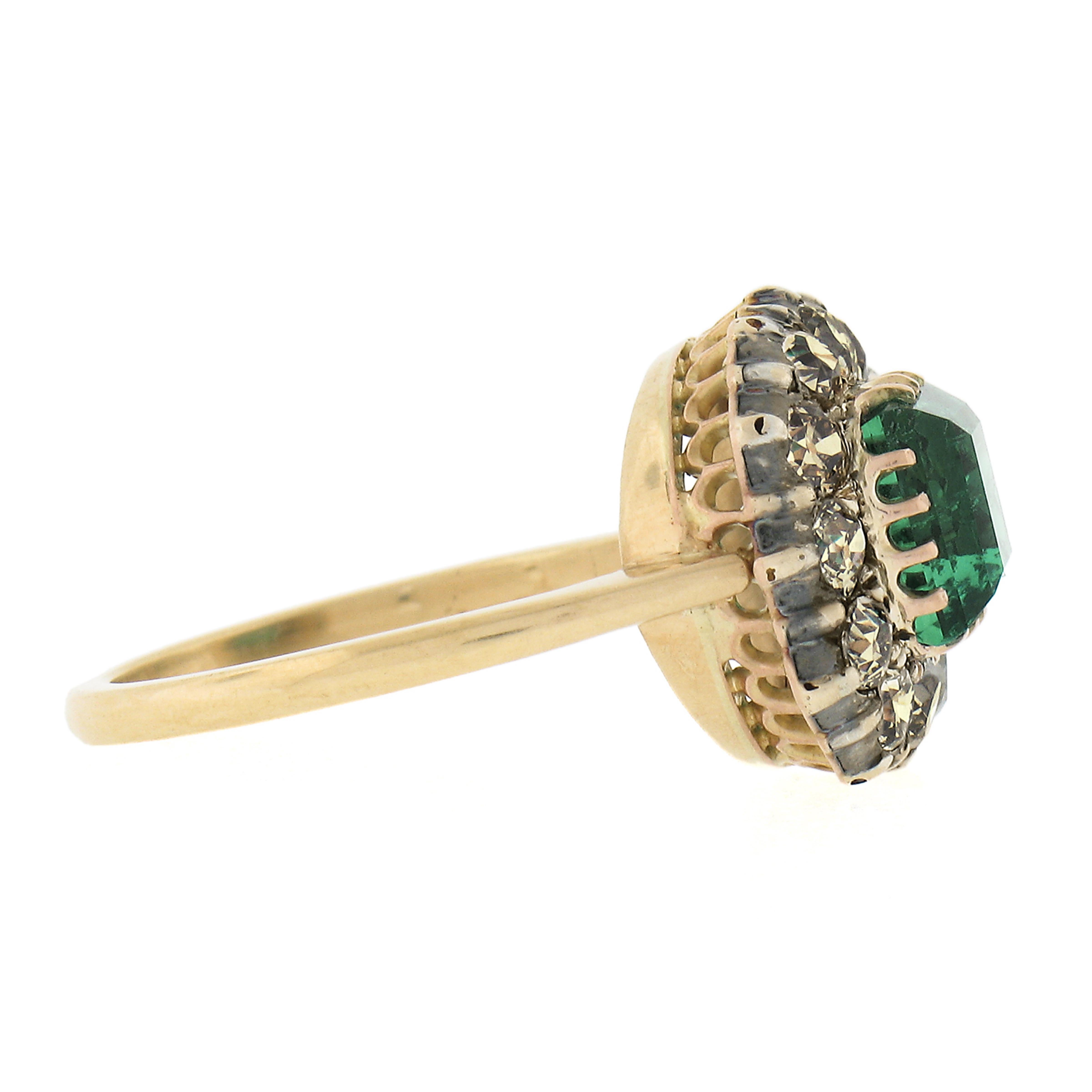 Women's Antique Victorian 18k Gold & Silver 2.84ctw GIA Square Step Emerald Diamond Ring For Sale