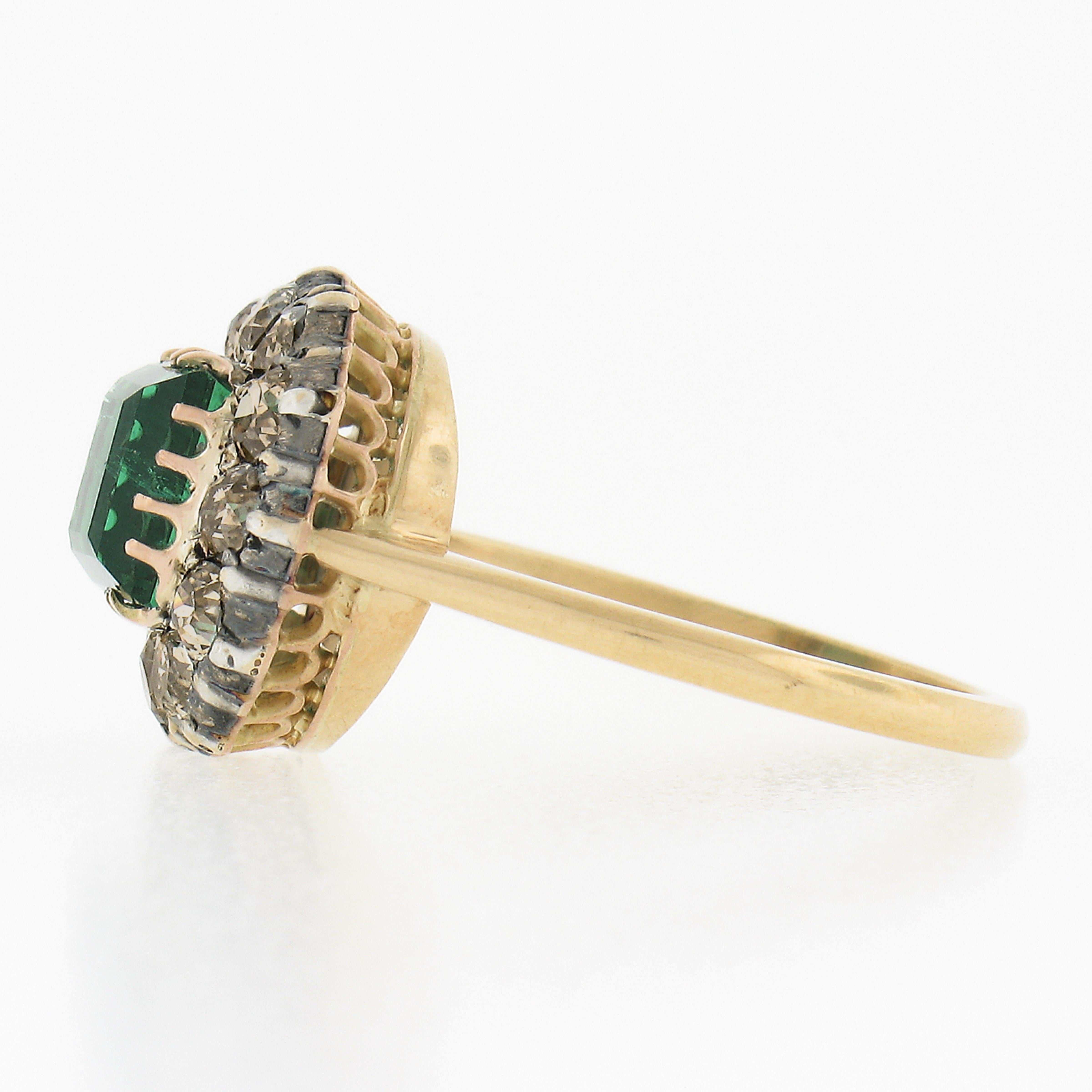 Antique Victorian 18k Gold & Silver 2.84ctw GIA Square Step Emerald Diamond Ring For Sale 1