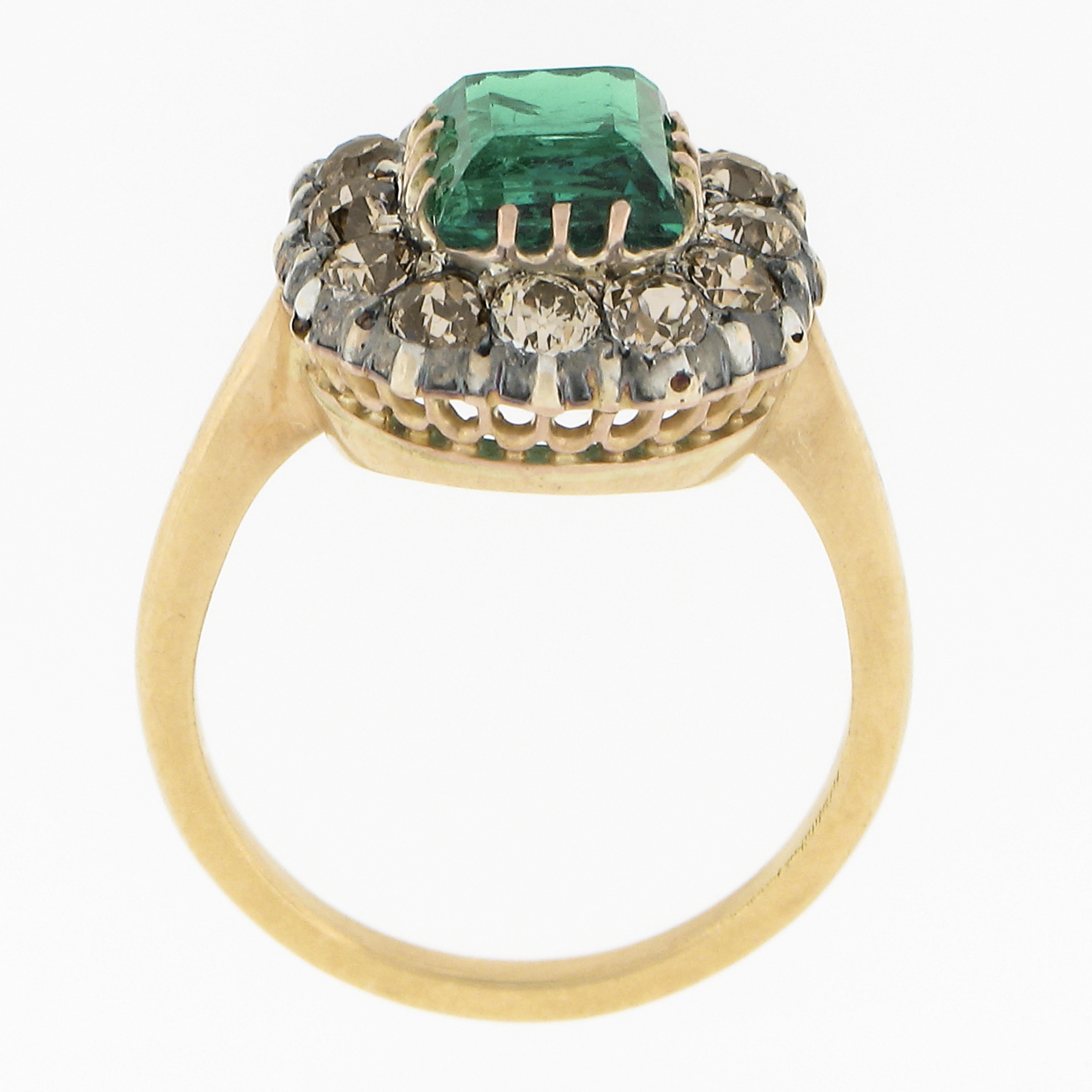 Antiker viktorianischer 18k Gold & Silber 2,84ctw GIA Quadratischer Stufen Smaragd-Diamant-Ring 2