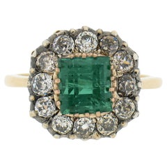Antiker viktorianischer 18k Gold & Silber 2,84ctw GIA Quadratischer Stufen Smaragd-Diamant-Ring