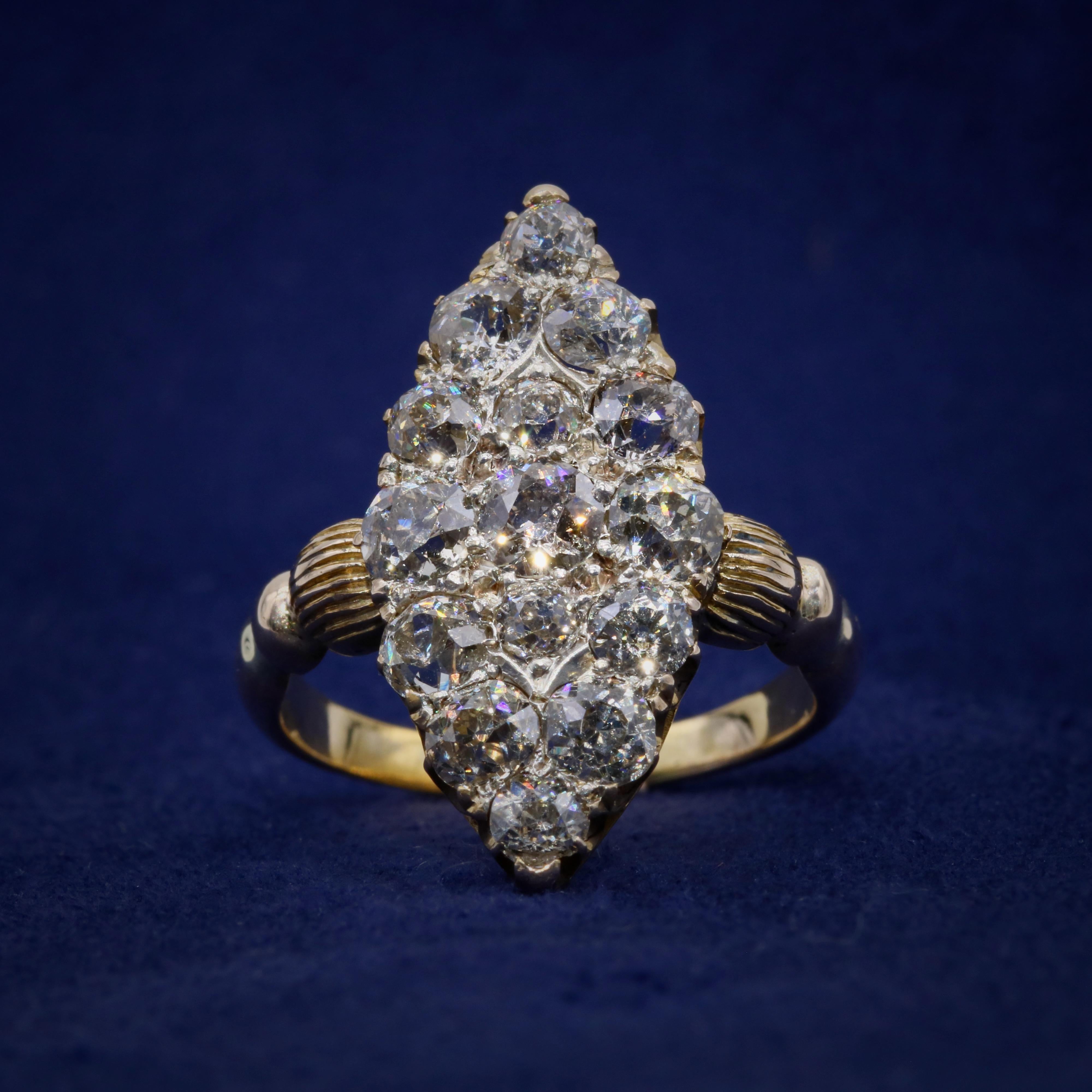 Old Mine Cut Antique Victorian 18K Gold & Silver 3.2ctw Old Cut Diamond Marquise Panel Ring For Sale