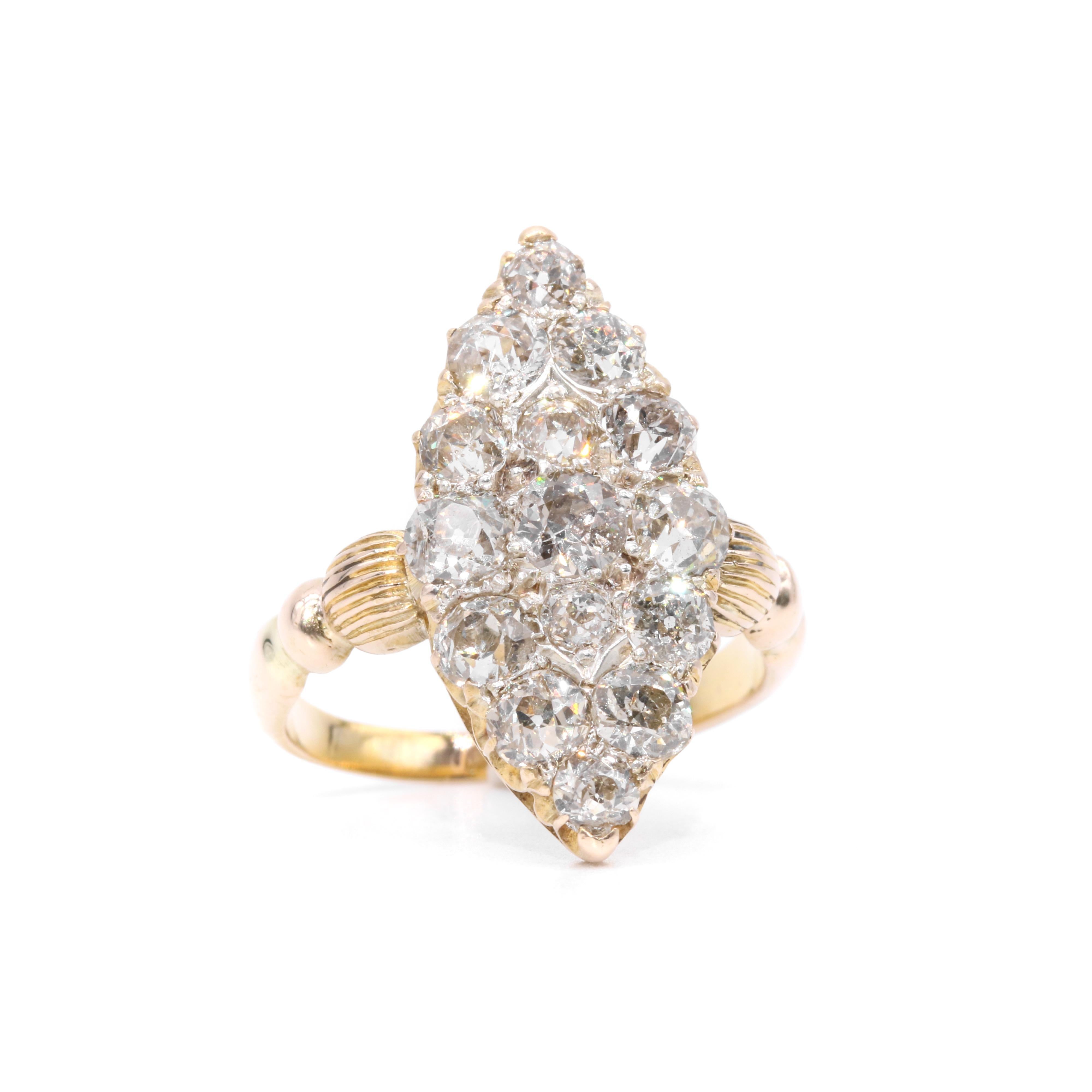 Antique Victorian 18K Gold & Silver 3.2ctw Old Cut Diamond Marquise Panel Ring In Good Condition For Sale In Staines-Upon-Thames, GB