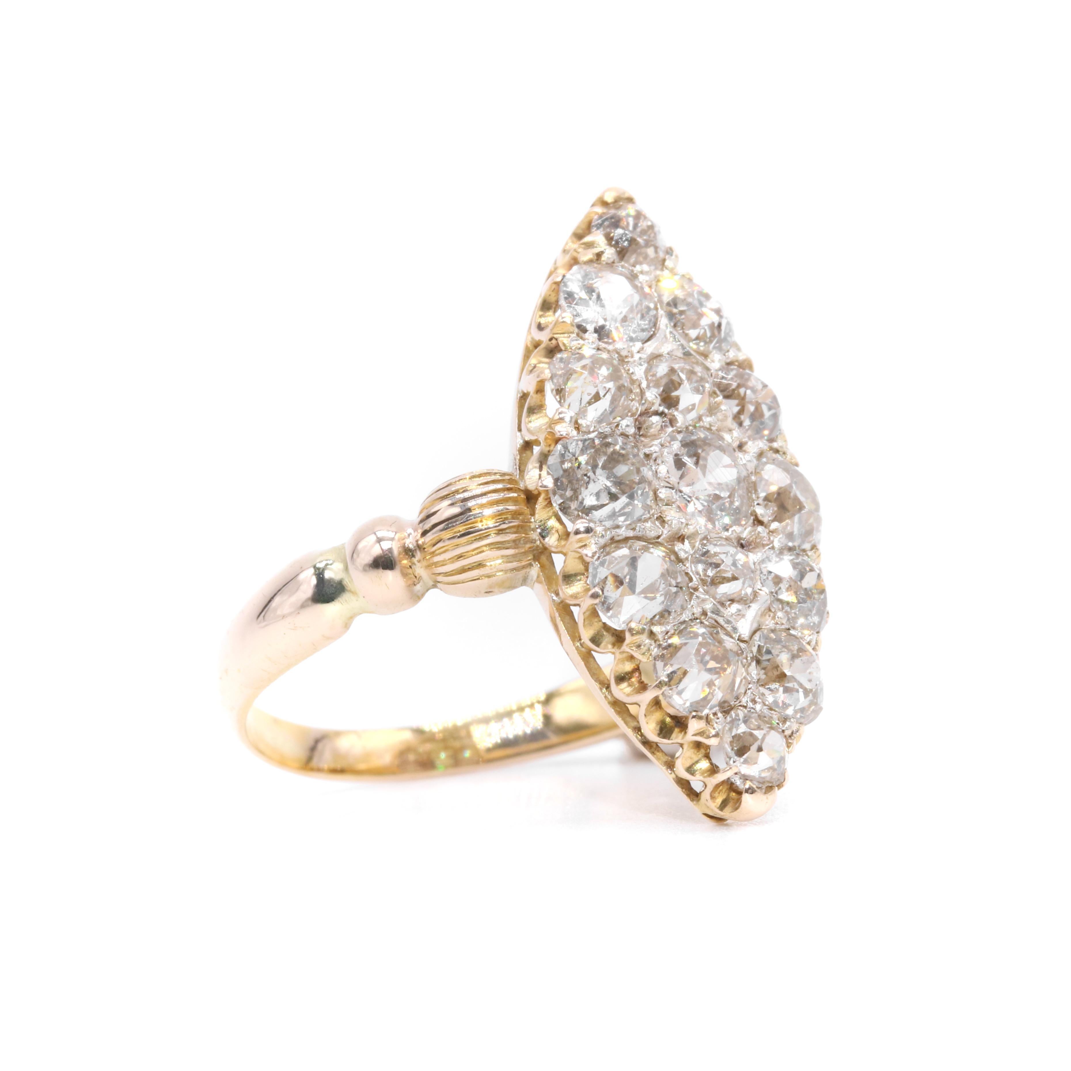 Women's or Men's Antique Victorian 18K Gold & Silver 3.2ctw Old Cut Diamond Marquise Panel Ring For Sale