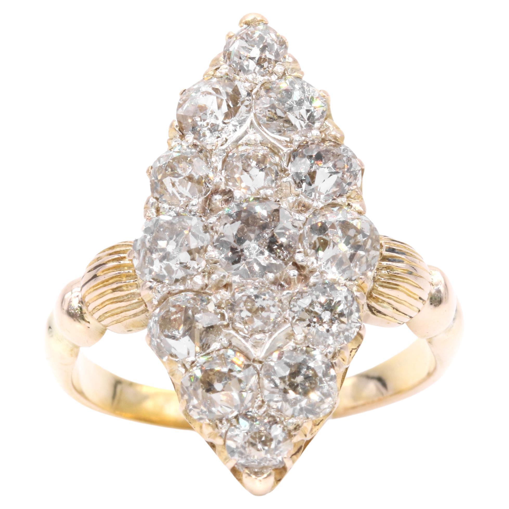 Antique Victorian 18K Gold & Silver 3.2ctw Old Cut Diamond Marquise Panel Ring For Sale