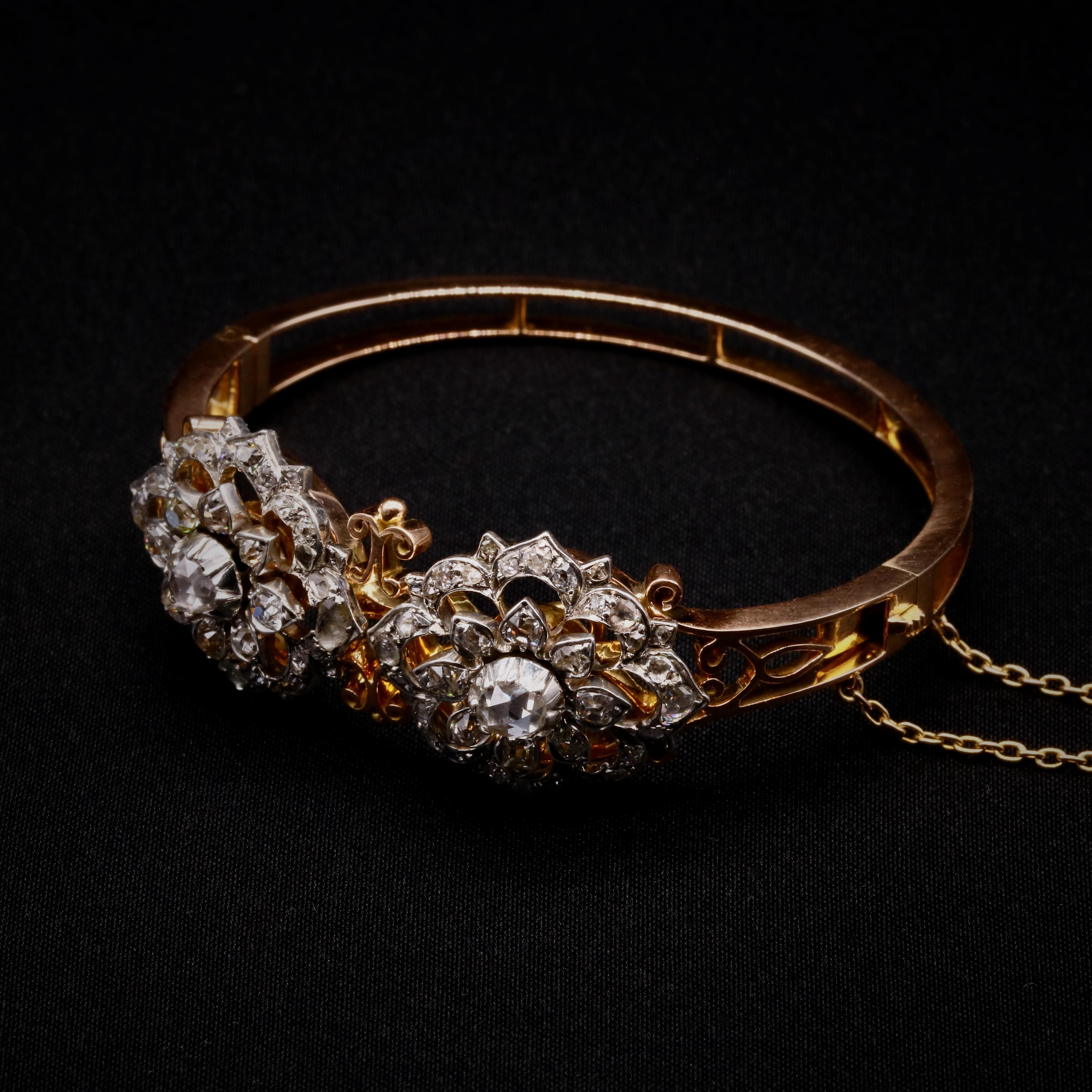 Taille vieille mine Bracelet et broche victorien ancien en or et argent 18 carats avec diamants taille ancienne de 3,33 carats en vente