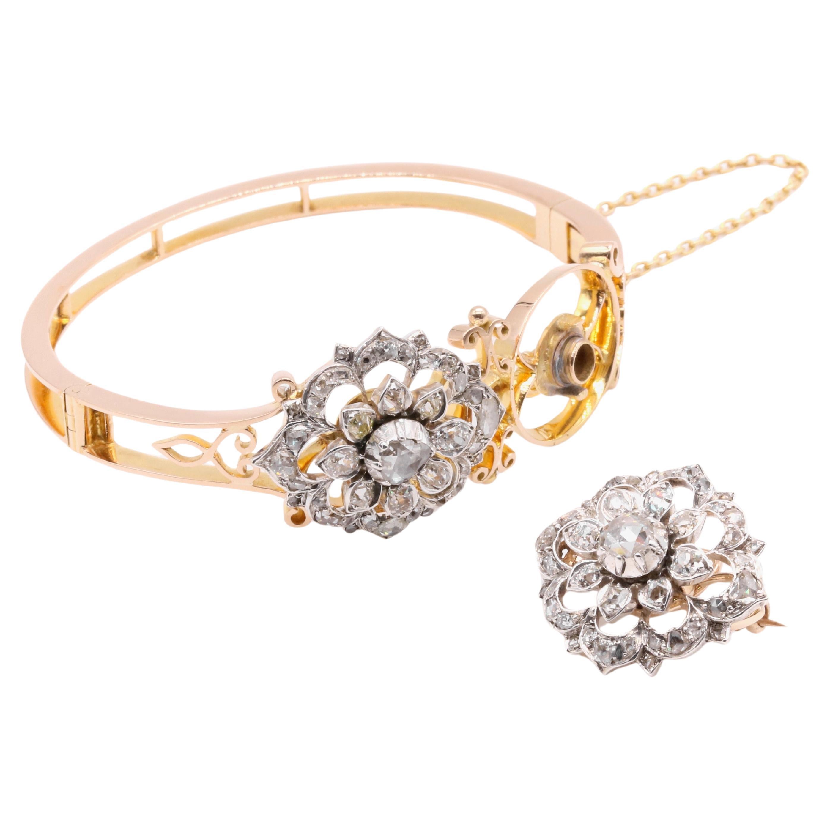 Bracelet et broche victorien ancien en or et argent 18 carats avec diamants taille ancienne de 3,33 carats