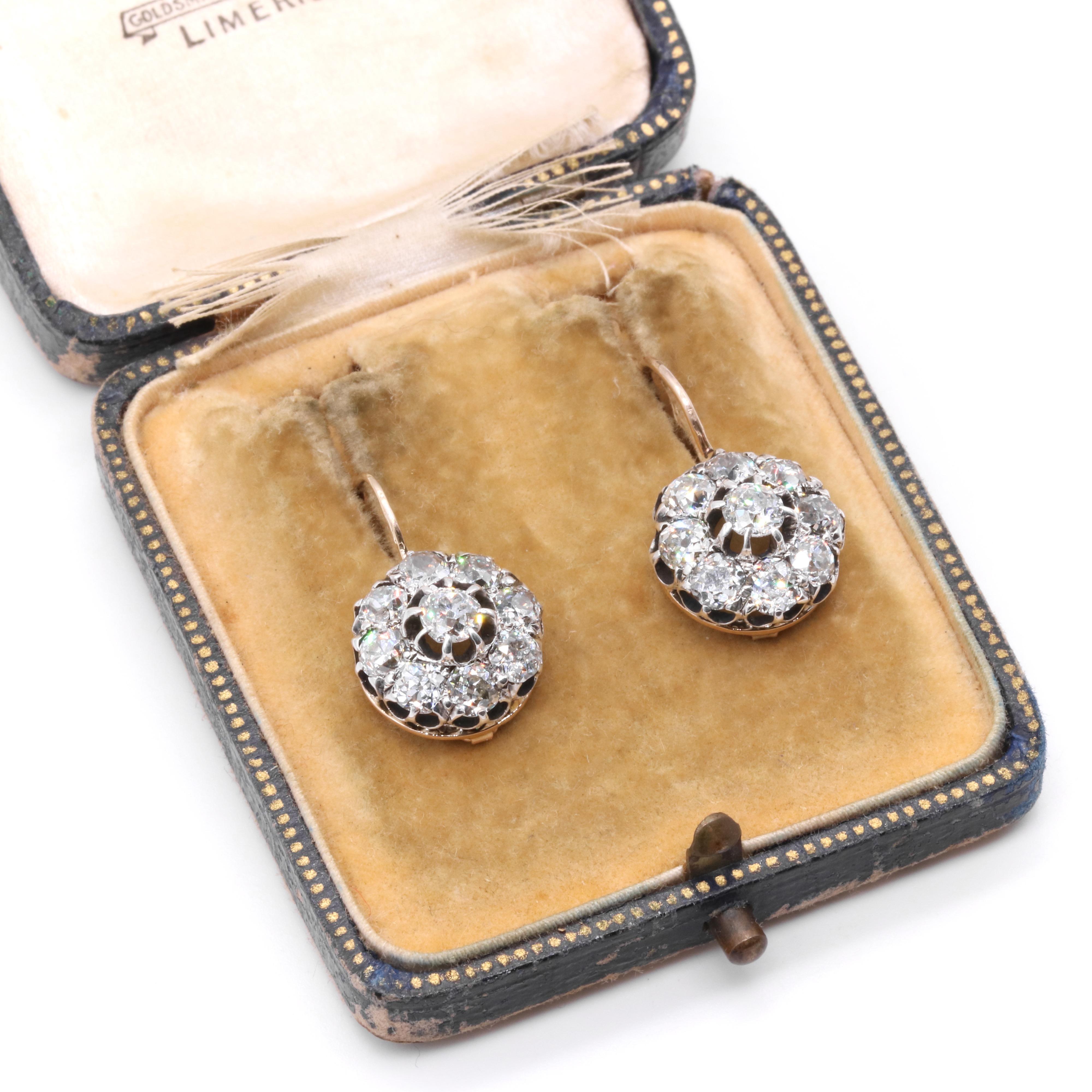 Antique Victorian 18K Gold & Silver 4.67ctw Old Cut Diamond Cluster Earring For Sale 5