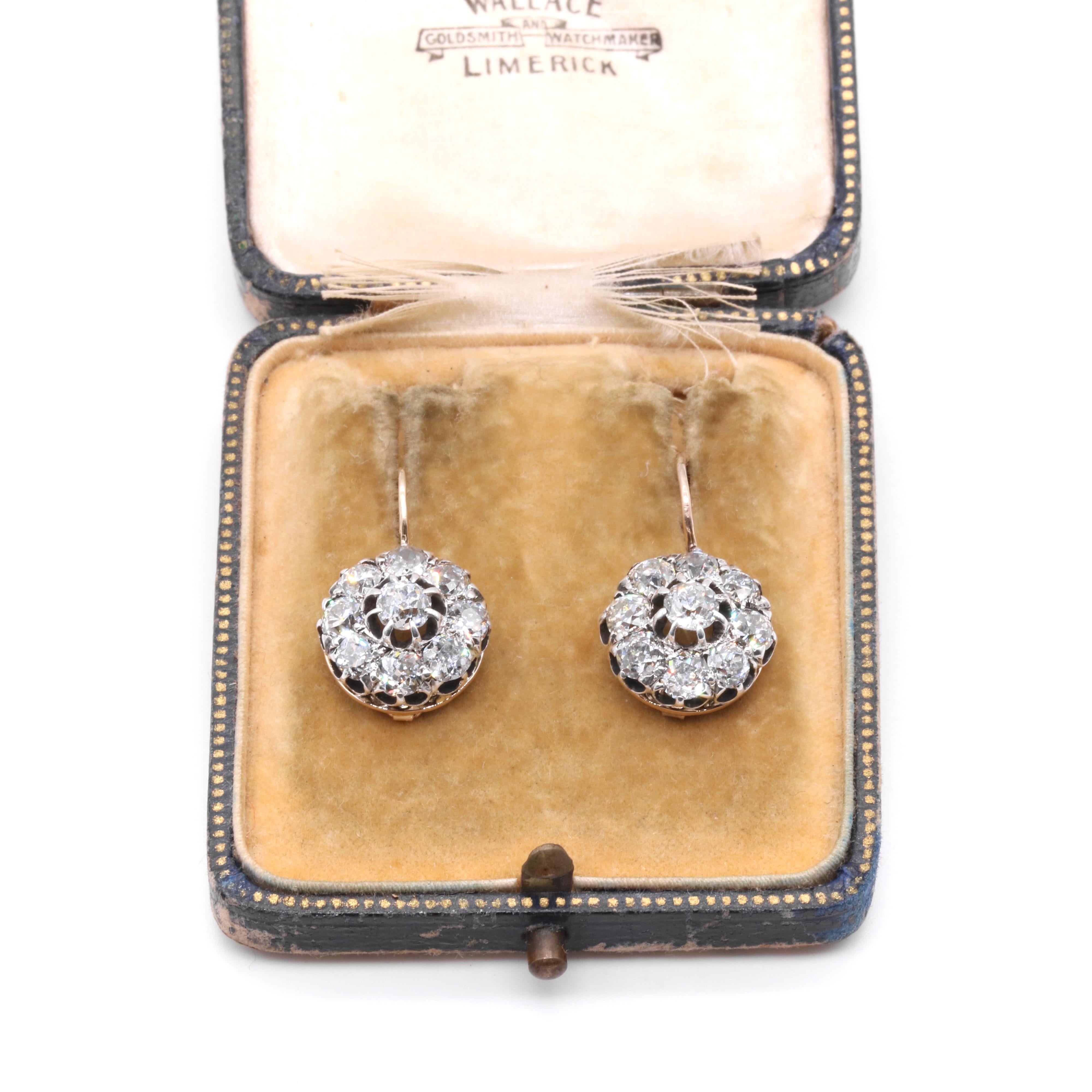 Antique Victorian 18K Gold & Silver 4.67ctw Old Cut Diamond Cluster Earrings For Sale 6