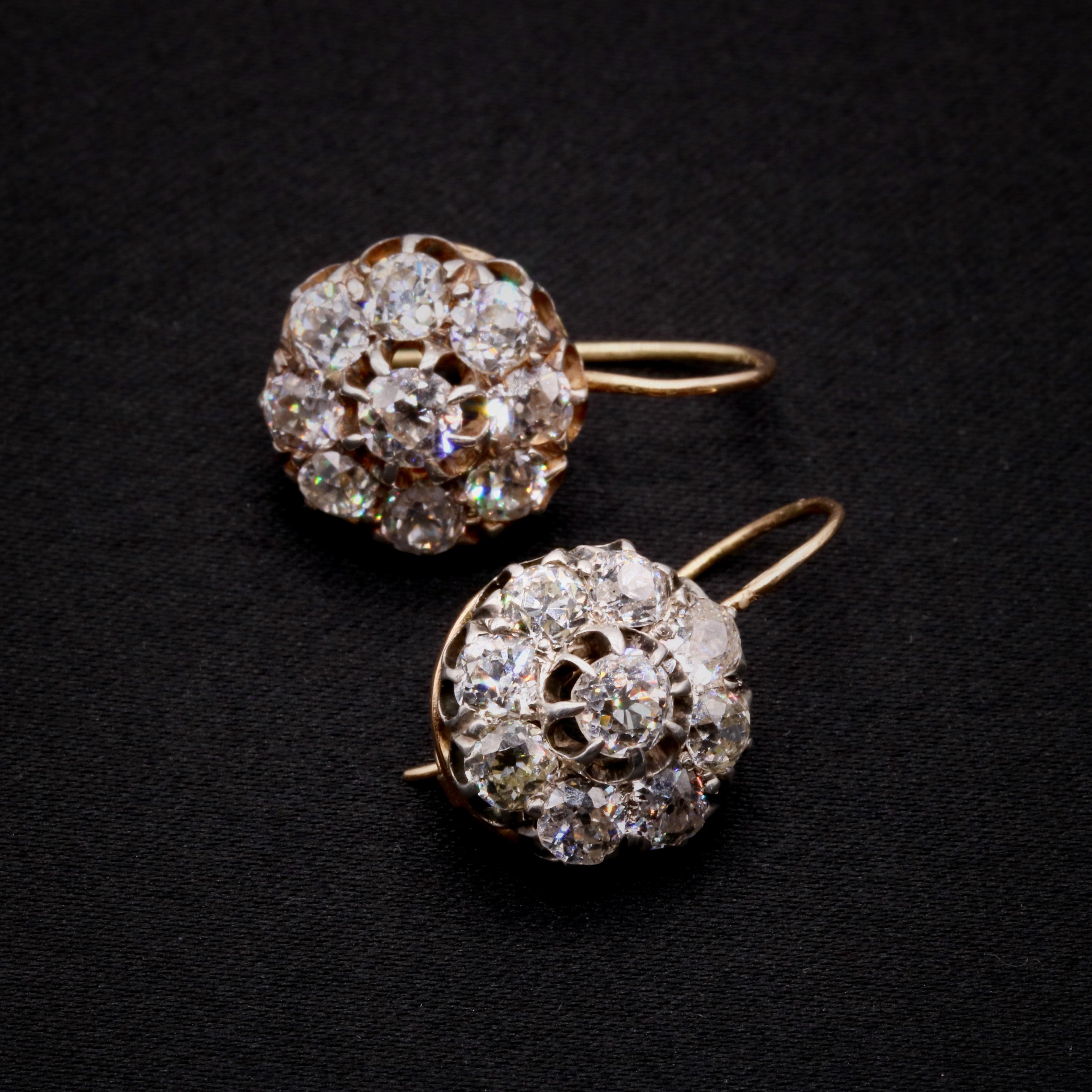 Old European Cut Antique Victorian 18K Gold & Silver 4.67ctw Old Cut Diamond Cluster Earrings For Sale