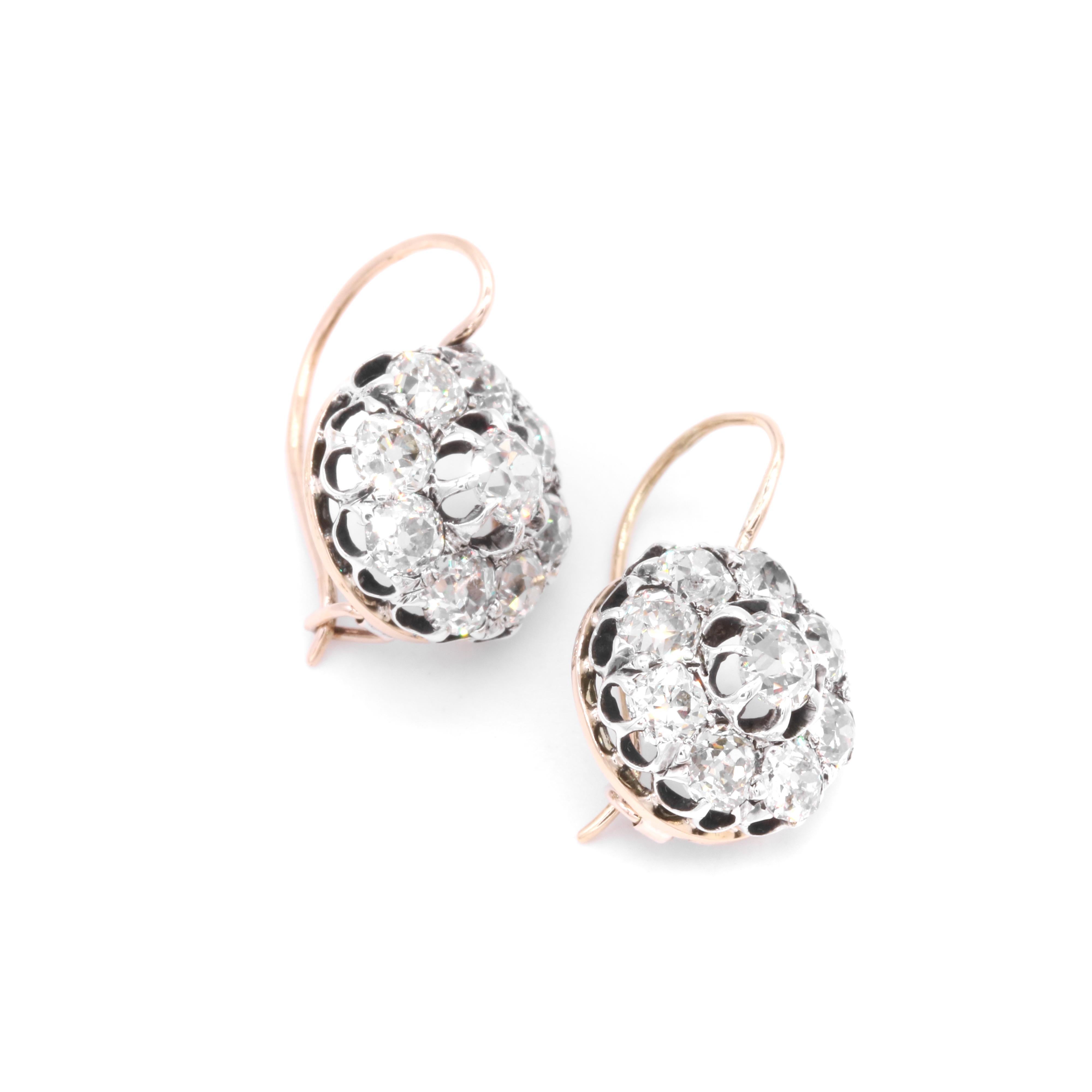Antique Victorian 18K Gold & Silver 4.67ctw Old Cut Diamond Cluster Earring In Good Condition For Sale In Staines-Upon-Thames, GB
