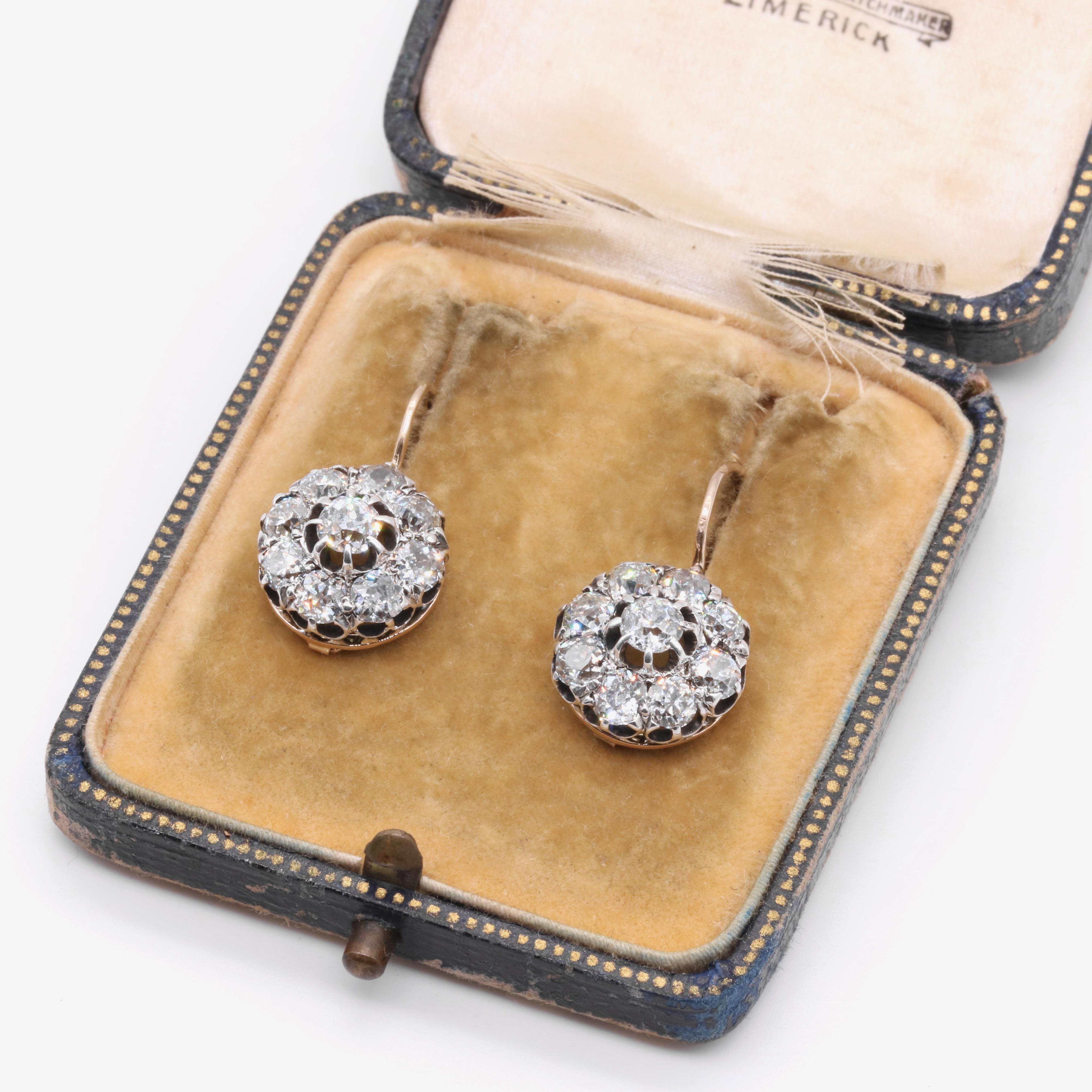 Antique Victorian 18K Gold & Silver 4.67ctw Old Cut Diamond Cluster Earring For Sale 4