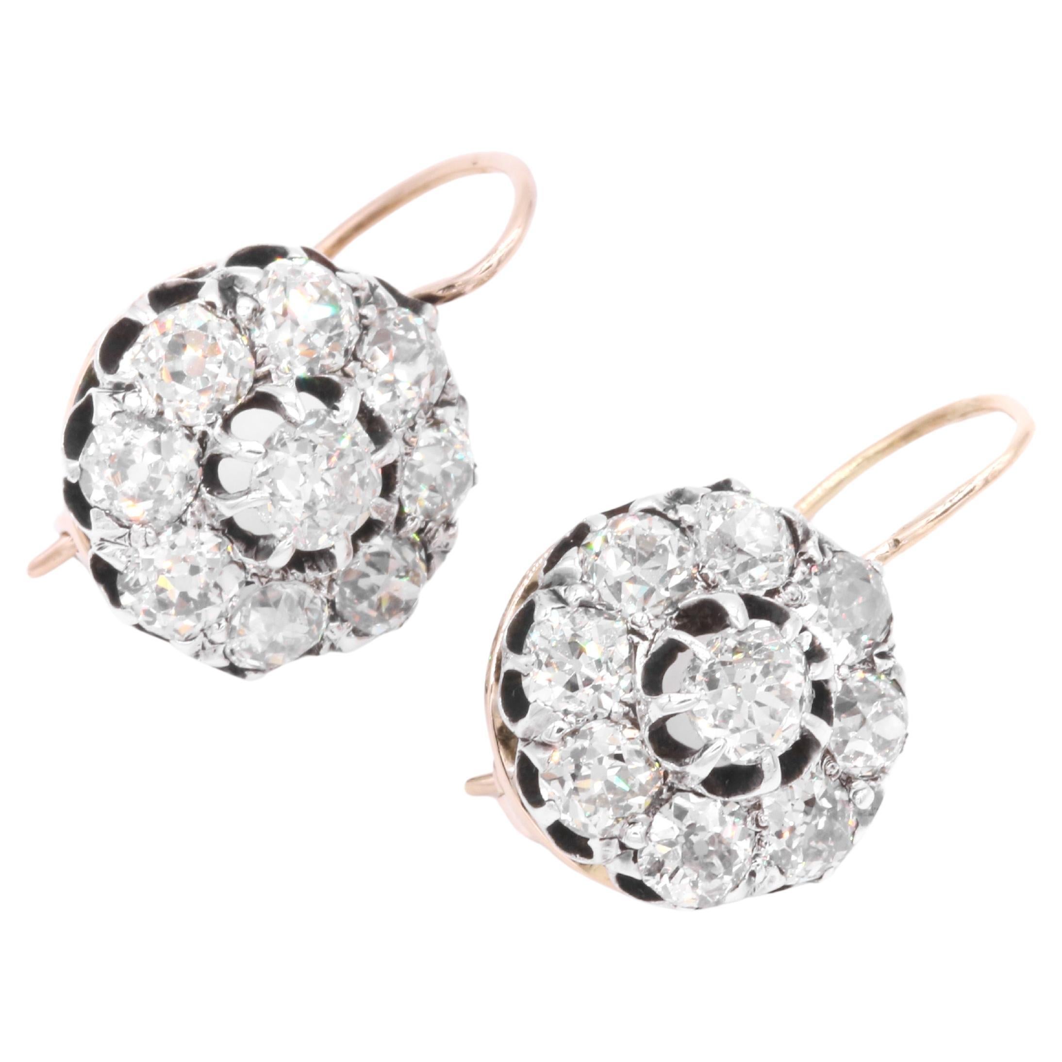 Antique Victorian 18K Gold & Silver 4.67ctw Old Cut Diamond Cluster Earring For Sale