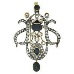Antique Victorian 18K Gold Silver 9.5ct Sapphire & Diamond Dangle Brooch Pendant