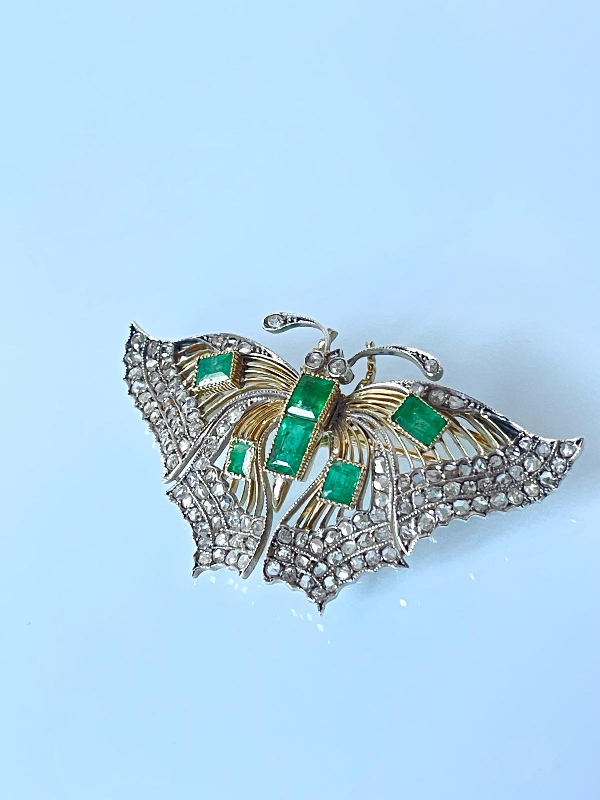 Late Victorian Antique Victorian 18K Gold Silver Diamond Emerald Butterfly Brooch C 1880 For Sale