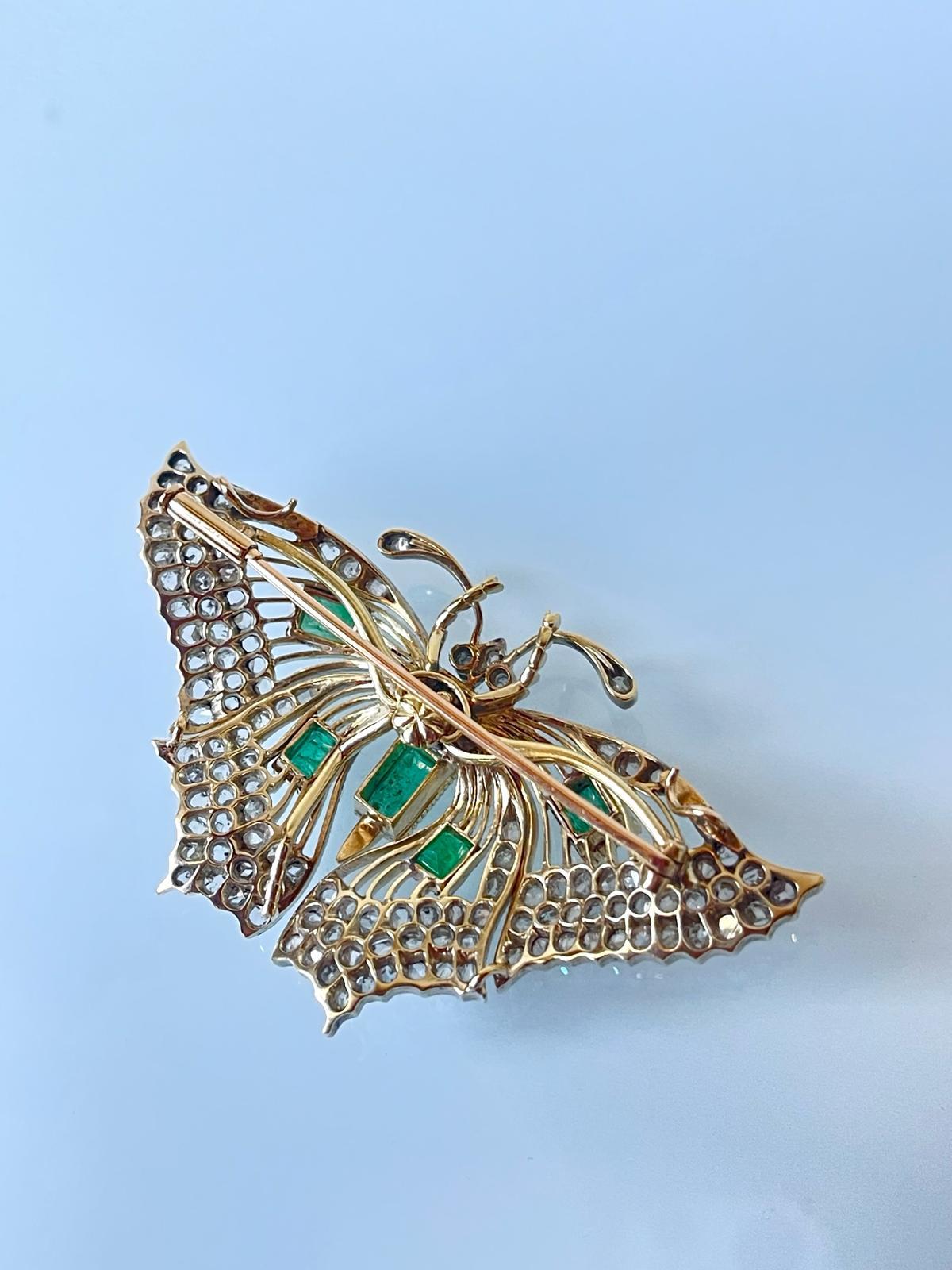 Rose Cut Antique Victorian 18K Gold Silver Diamond Emerald Butterfly Brooch C 1880 For Sale