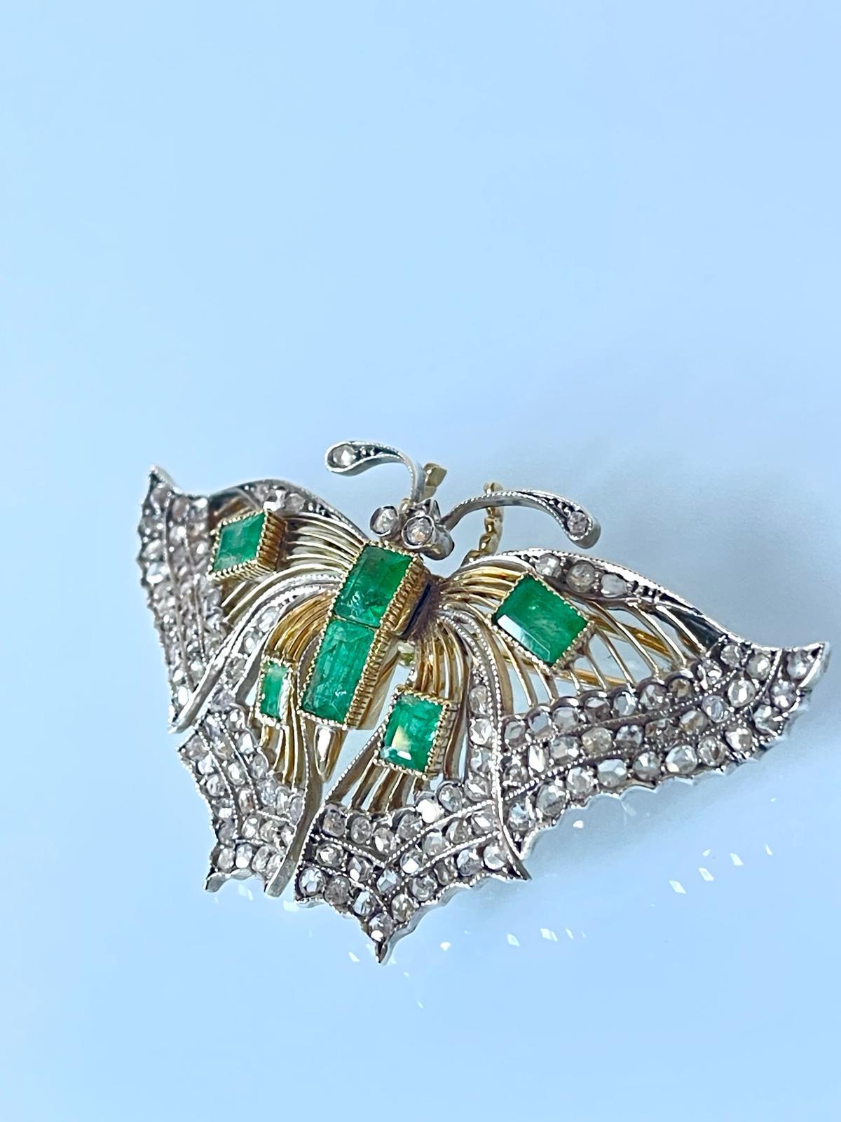 Antique Victorian 18K Gold Silver Diamond Emerald Butterfly Brooch C 1880 In Good Condition For Sale In Firenze, IT