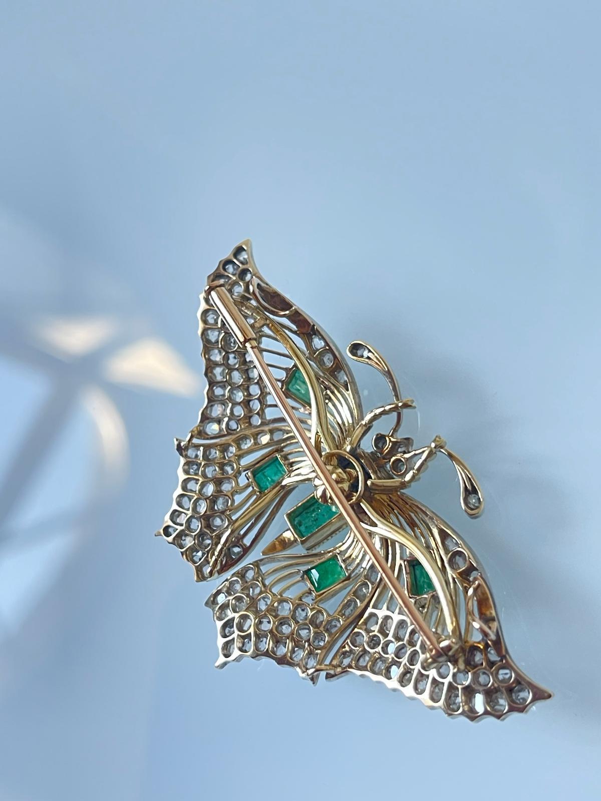 Antique Victorian 18K Gold Silver Diamond Emerald Butterfly Brooch C 1880 For Sale 1