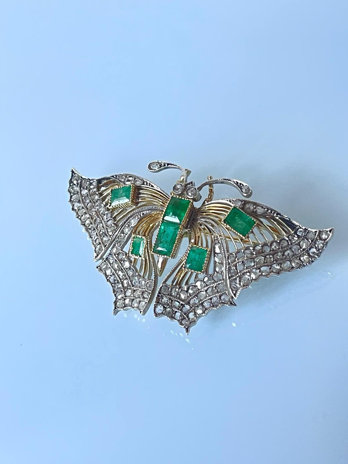 Antique Victorian 18K Gold Silver Diamond Emerald Butterfly Brooch C 1880 For Sale 2