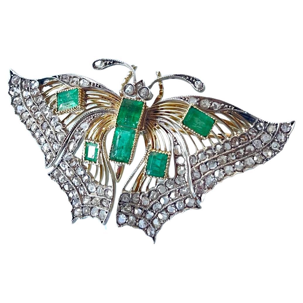 Antique Victorian 18K Gold Silver Diamond Emerald Butterfly Brooch C 1880 For Sale