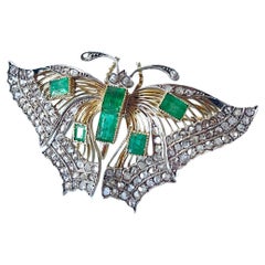 Antique Victorian 18K Gold Silver Diamond Emerald Butterfly Brooch C 1880
