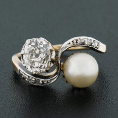 Antique Victorian 18k Gold & Silver Old Mine Cushion Diamond & Pearl Bypass Ring