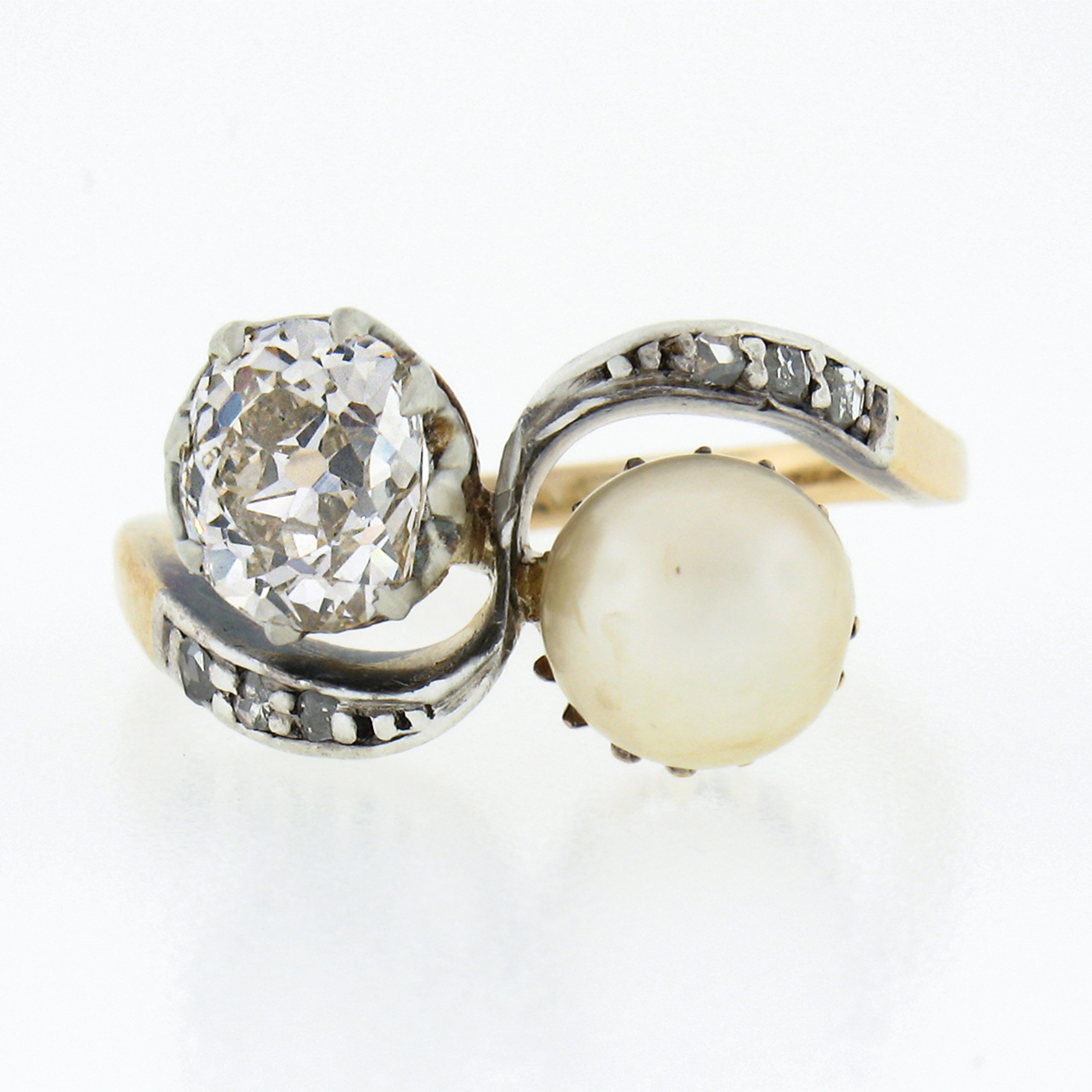 Antique Victorian 18k Gold & Silver Old Mine Cushion Diamond & Pearl Bypass Ring In Good Condition For Sale In Montclair, NJ
