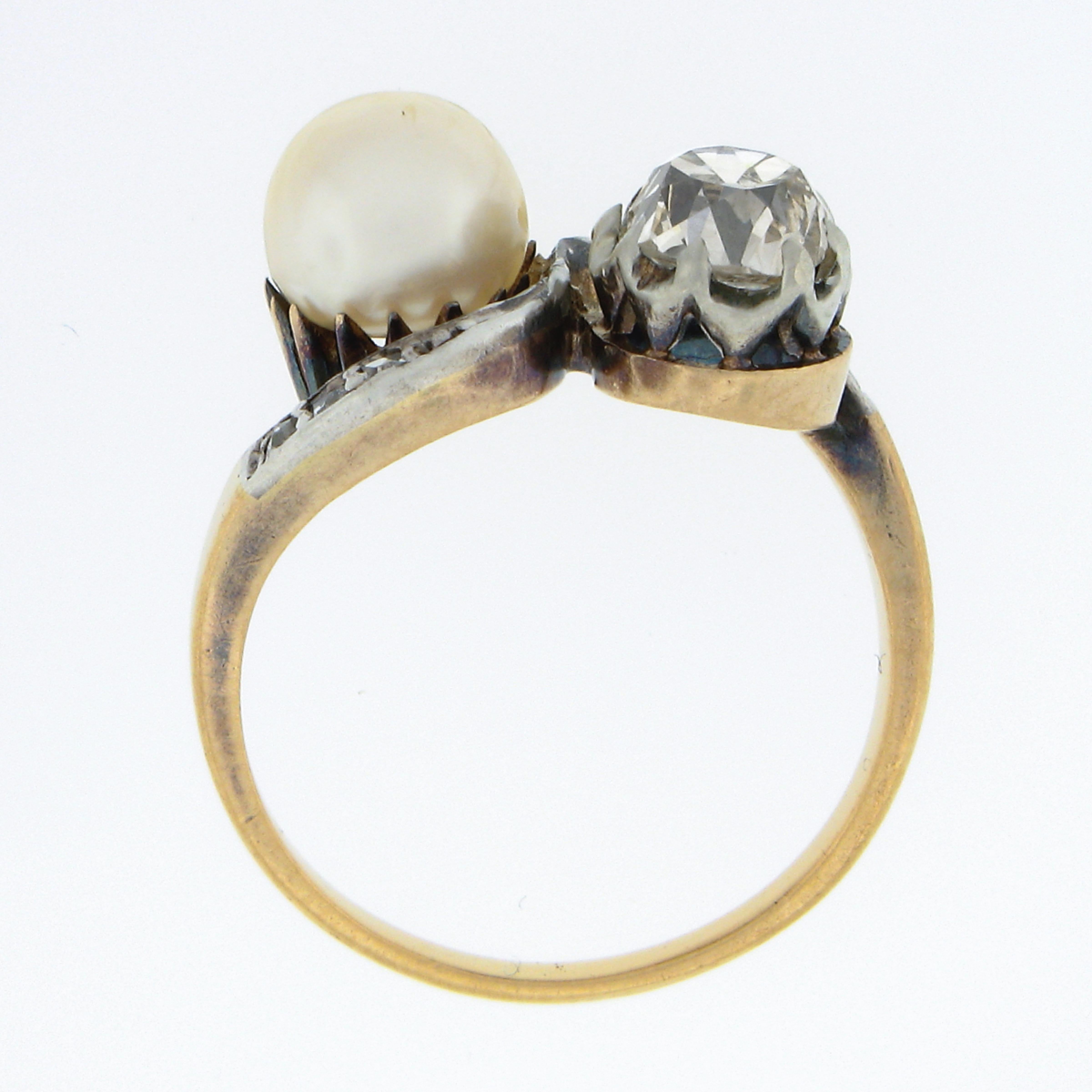 Antique Victorian 18k Gold & Silver Old Mine Cushion Diamond & Pearl Bypass Ring For Sale 3